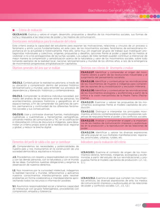HISTORIA
407
Bachillerato General Unificado
Criterio de evaluación
CE.CS.H.5.10. Explica y valora el origen, desarrollo, propuestas y desafíos de los movimientos sociales, sus formas de
lucha y respuesta a las relaciones de poder y los medios de comunicación.
Orientaciones metodológicas para la evaluación del criterio
Este criterio evalúa la capacidad del estudiante para exponer las motivaciones, relaciones y vínculos de un proceso o
fenómeno y emitir juicios fundamentados; en este caso, de los movimientos sociales, fenómenos de extraordinaria im-
portancia en la actualidad e históricamente. Para ello, sería muy útil organizar grupos de trabajo que investiguen pro-
tagonistas individuales y colectivos, orígenes, propuestas y desafíos, opciones frente al poder y papel de los medios al
visibilizar o no a los protagonistas de las luchas sociales. Los juegos de roles también pueden contribuir a interiorizar de
mejor manera la comprensión y sensibilización acerca de la naturaleza y valor de los movimientos sociales, sobre todo
tomando ejemplos de la realidad local, nacional, latinoamericana y mundial de los últimos años, a raíz de la emergencia
de movimientos progresistas antiglobalización capitalista.
Objetivos generales del área que se evalúan Destrezas con criterios de desempeño a evaluar
OG.CS.2. Contextualizar la realidad ecuatoriana, a través de
su ubicación y comprensión dentro del proceso histórico
latinoamericano y mundial, para entender sus procesos de
dependencia y liberación, históricos y contemporáneos.
OG.CS.3. Comprender la dinámica individuo-sociedad, por
medio del análisis de las relaciones entre las personas, los
acontecimientos, procesos históricos y geográficos en el
espacio-tiempo, a fin de comprender los patrones de cam-
bio, permanencia y continuidad de los diferentes fenóme-
nos sociales y sus consecuencias.
OG.CS.10. Usar y contrastar diversas fuentes, metodologías
cualitativas y cuantitativas y herramientas cartográficas,
utilizando medios de comunicación y TIC, en la codificación
e interpretación crítica de discursos e imágenes, para desa-
rrollar un criterio propio acerca de la realidad local, regional
y global, y reducir la brecha digital.
CS.H.5.2.27. Identificar y comprender el origen del movi-
miento obrero a partir de las revoluciones industriales y el
surgimiento del pensamiento socialista.
CS.H.5.2.28. Identificar y contextualizar las reivindicaciones
de los movimientos de mujeres e indígenas para compren-
der las razones de su invisibilización y exclusión milenaria.
CS.H.5.2.30. Identificar y contextualizar las reivindicaciones
de los movimientos ecologista y ecofeminista a partir de la
crítica a la visión mercantilista de la Madre Tierra (Pacha-
mama).
CS.H.5.2.31. Examinar y valorar las propuestas de los mo-
vimientos ecologistas frente al modelo capitalista de pro-
ducción.
CS.H.5.2.32. Distinguir e interpretar los principales movi-
mientos artísticos contemporáneos como expresiones sub-
jetivas de respuesta frente al poder y los conflictos sociales.
CS.H.5.2.33. Analizar y comprender el papel y la importan-
cia de los medios de comunicación impresos y audiovisua-
les en la producción y la reproducción de las relaciones de
poder.
CS.H.5.2.34. Identificar y valorar las diversas expresiones
del arte popular en sus múltiples manifestaciones: regiona-
les, provinciales, urbanas, rurales, etc.
Elementos del perfil de salida a los que se contribuye Indicadores para la evaluación del criterio
J.1. Comprendemos las necesidades y potencialidades de
nuestro país y nos involucramos en la construcción de una
sociedad democrática, equitativa e inclusiva.
J.3. Procedemos con respeto y responsabilidad con nosotros
y con las demás personas, con la naturaleza y con el mundo
de las ideas. Cumplimos nuestras obligaciones y exigimos la
observación de nuestros derechos.
I.2. Nos movemos por la curiosidad intelectual, indagamos
la realidad nacional y mundial, reflexionamos y aplicamos
nuestros conocimientos interdisciplinarios para resolver
problemas en forma colaborativa e interdependiente apro-
vechando todos los recursos e información posibles.
S.1. Asumimos responsabilidad social y tenemos capacidad
de interactuar con grupos heterogéneos, procediendo con
comprensión, empatía y tolerancia.
I.CS.H.5.10.1. Examina el contexto de origen de los movi-
mientos obreros, feministas, indígenas, ecologistas y ecofe-
ministas a partir del estudio de sus reivindicaciones y pro-
puestas frente al modelo capitalista de producción. (J.1., I.2.,
S.1.)
I.CS.H.5.10.2. Examina el papel que cumplen los movimien-
tos artísticos, las diversas expresiones de arte, los medios
de comunicación impresos y audiovisuales en las relaciones
de poder y conflictos sociales. (J.1., J.3., I.2.)
 