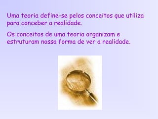 Uma teoria define-se pelos conceitos que utiliza
para conceber a realidade.
Os conceitos de uma teoria organizam e
estruturam nossa forma de ver a realidade.
 