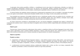 A apreciação crítico-estética possibilita a reflexão e o entendimento da arte como objeto de conhecimento, referindo-se ao âmbito da
recepção, decodificação, interpretação e fruição da arte e do universo a ela relacionado. Abrange a produção artística do aluno e a dos seus
colegas, a produção histórico-cultural em sua diversidade, a identificação de qualidades estéticas e simbólicas no meio ambiente.

        O contexto histórico das produções artísticas proporciona a compreensão da importância da arte na sociedade e a percepção do produtor
de arte como agente social,situando o conhecimento do próprio trabalho artístico, dos colegas e da arte como produto sócio-histórico.

       Essas produções que expressam a diversidade cultural dos povos e transformam questões sociais em produtos de arte, se prestam, com
bastante propriedade, à proposta de abordagem transversal, tais como: pluralidade cultural, ética, meio ambiente, orientação sexual, saúde,
consumo e cidadania, comunicação e tecnologia informacional, além de temas locais definidos pela Escola.

       Os Temas Transversais consideram as especificidades da área e do processo pedagógico contribuindo para ampliar as dimensões da
compreensão das temáticas sociais e manter uma atitude investigadora sobre as diversas culturas compartilhadas pela comunidade escolar e pela
sociedade.

       Objetivo geral

       Concorrer para o desenvolvimento do conhecimento crítico-estético e competência artística nas diversas linguagens da arte (artes visuais,
música, teatro), capacitando o aluno a produzir trabalhos individuais e coletivos, onde possa apreciar, fruir, valorizar, preservar e emitir juízo
sobre os bens artísticos de diferentes povos e culturas construídos ao longo da história e no contexto contemporâneo.

       Objetivos específicos

       Propiciar ao aluno:

          compreensão e utilização de diferentes linguagens artísticas . visual, plástica,corporal, musical, verbal, poética . para expressar suas
           opiniões, desejos, sentimentos, pensamentos, em diferentes contextos, mantendo uma atitude de busca pessoal e/ou coletiva,
           articulando a percepção, a imaginação, a emoção, a investigação, a sensibilidade e a reflexão ao realizar e fruir produções artísticas;

          o conhecimento de diversas produções artísticas, estabelecendo relações entre o artista, sua obra e seu tempo, comparando obras
           diferentes e percebendo o contexto sociocultural e histórico em que foram produzidas;
 