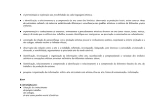    experimentação e exploração das possibilidades de cada linguagem artística;

   a identificação, o relacionamento e a compreensão da arte como fato histórico, observando as produções locais, assim como as obras
    do patrimônio cultural e da natureza, estabelecendo diferenças e semelhanças nos padrões artísticos e estéticos de diferentes grupos
    culturais;

   experimentação e conhecimento de materiais, instrumentos e procedimentos artísticos diversos em arte (artes visuais, teatro, música,
    dança), de modo que os utilizem nos trabalhos pessoais, identifique-os e interprete-os na apreciação e contextualize-os culturalmente;

   construção da relação de autoconfiança com a produção artística pessoal e conhecimento estético, respeitando a própria produção e a
    dos colegas, sabendo receber e elaborar críticas;

   observação das relações entre a arte e a realidade, refletindo, investigando, indagando, com interesse e curiosidade, exercitando a
    discussão, a sensibilidade, argumentando e apreciando arte de modo sensível;

   identificação, investigação e organização de informações sobre arte, reconhecendo e compreendendo a variedade dos produtos
    artísticos e concepções estéticas presentes na história das diferentes culturas e etnias;

   identificação, relacionamento e compreensão a identificação o relacionamento e a compreensão de diferentes funções da arte, do
    trabalho e da produção dos artistas;

   pesquisa e organização das informações sobre a arte em contato com artistas,obras de arte, fontes de comunicação e informação.


Eixos

Contextualização:
 Situação do conhecimento
   do próprio trabalho,
   dos colegas,
   da arte como produto social e histórico.
 
