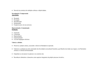    Desvelo da existência de múltiplas culturas e subjetividades.

Investigação e Compreensão
Apreciação:

   Recepção
   Percepção
   Decodificação
   Interpretação
   Fruição da arte e do seu universo

Representação e Comunicação
Produção:

   Expressão
   Construção
   Representação
   Experimentação
   Uso das linguagens artísticas

Valores e atitudes

   Preservar a própria cultura, exercendo o direito de liberdade de expressão.

   Valorizar a condição de centro articulador da diversidade sociocultural brasileira, que Brasília traz desde sua origem, e de Patrimônio
    Artístico e Cultural da Humanidade.

   Empenhar-se com prazer no apreciar e no construir arte.

   Reconhecer obstáculos e desacertos como aspectos integrantes do próprio processo inventivo.
 