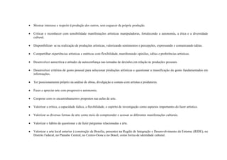    Mostrar interesse e respeito à produção dos outros, sem esquecer da própria produção.

   Criticar e reconhecer com sensibilidade manifestações artísticas manipuladoras, fortalecendo a autonomia, a ética e a diversidade
    cultural.

   Disponibilizar- se na realização de produções artísticas, valorizando sentimentos e percepções, expressando e comunicando idéias.

   Compartilhar experiências artísticas e estéticas com flexibilidade, manifestando opiniões, idéias e preferências artísticas.

   Desenvolver autocrítica e atitudes de autoconfiança nas tomadas de decisões em relação às produções pessoais.

   Desenvolver critérios de gosto pessoal para selecionar produções artísticas e questionar a massificação do gosto fundamentados em
    informações.

   Ter posicionamento próprio na análise de obras, divulgação e contato com artistas e produtores.

   Fazer e apreciar arte com progressiva autonomia.

   Cooperar com os encaminhamentos propostos nas aulas de arte.

   Valorizar a crítica, a capacidade lúdica, a flexibilidade, o espírito de investigação como aspectos importantes do fazer artístico.

   Valorizar as diversas formas de arte como meio de compreender e acessar as diferentes manifestações culturais.

   Valorizar o hábito de questionar e de fazer perguntas relacionadas a arte.

   Valorizar a arte local anterior à construção de Brasília, presentes na Região de Integração e Desenvolvimento do Entorno (RIDE), no
    Distrito Federal, no Planalto Central, no Centro-Oeste e no Brasil, como forma de identidade cultural.
 