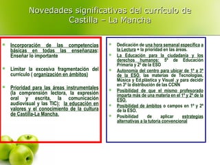 Novedades significativas del currículo de
Castilla – La Mancha


Incorporación de las competencias
básicas en todas las enseñanzas:
Enseñar lo importante



Limitar la excesiva fragmentación del
currículo ( organización en ámbitos)



Prioridad para las áreas instrumentales
(la comprensión lectora, la expresión
oral y escrita, la comunicación
audiovisual y las TIC); la educación en
valores y el conocimiento de la cultura
de Castilla-La Mancha.











Dedicación de una hora semanal específica a
la Lectura + la prioridad en las áreas.
La Educación para la ciudadanía y los
derechos humanos: 5º de Educación
Primaria y 2º de la ESO
Autonomía del centro para ubicar de 1º a 3º
de la ESO, las materias de Tecnologías,
Música y Ed.plástica y Visual ,y para decidir
en 3º la distribución de las CCNN
Posibilidad de que el mismo profesorado
imparta más de una materia en el 1º y 2º de la
ESO.
Posibilidad de ámbitos o campos en 1º y 2º
de la ESO.
Posibilidad
de
aplicar
estrategias
alternativas a la tutoría convencional

 