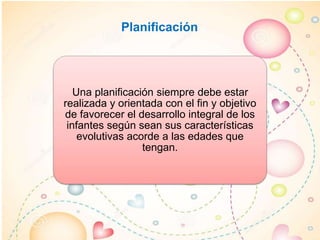 Planificación
Una planificación siempre debe estar
realizada y orientada con el fin y objetivo
de favorecer el desarrollo integral de los
infantes según sean sus características
evolutivas acorde a las edades que
tengan.
 