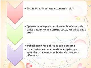 • En 1963 creo la primera escuela municipal
• Aplicó otra enfoque educativo con la influencia de
varios autores como Rosseau, Locke, Pestalozzi entre
otros.
• Trabajó con niños pobres de salud precaria
• Los maestros empezaron a buscar, aplicar y a
aprender para avanzar en la idea de la escuela
diferente.
 