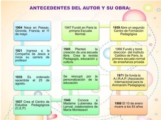 1904 Nace en Pessac,
Gironda, Francia, el 11
de mayo
1921 Ingresa a la
Compañía de Jesús e
inicia su carrera de
profesor
1935 Es ordenado
sacerdote el 25 de
agosto.
1937 Crea el Centro de
Estudios Pedagógicos
(C.E.P)
1940 Conoce a
Madame Lubienska de
Lenval, colaboradora de
María Montessori
Se reocupó por la
personalización de la
educación
1945 Planteó la
creación de una escuela
libre. Crea la revista
Pedagogía, educación y
cultura.
1947 Fundó en Paris la
primera Escuela
Normal.
1959 Abre un segundo
Centro de Formación
Pedagógica
1966 Fundó y tomó
dirección del Instituto
Católico de Paris, la
primera escuela normal
de enseñanza privada
1971 Se funda la
A.I.R.A.P. (Asociación
Internacional para la
Animación Pedagógica)
1988 El 10 de enero
muere a los 83 años
ANTECEDENTES DEL AUTOR Y SU OBRA:
 