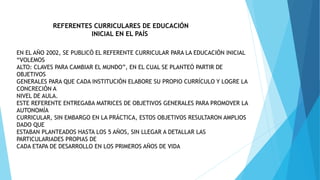REFERENTES CURRICULARES DE EDUCACIÓN 
INICIAL EN EL PAÍS 
EN EL AÑO 2002, SE PUBLICÓ EL REFERENTE CURRICULAR PARA LA EDUCACIÓN INICIAL 
“VOLEMOS 
ALTO: CLAVES PARA CAMBIAR EL MUNDO”, EN EL CUAL SE PLANTEÓ PARTIR DE 
OBJETIVOS 
GENERALES PARA QUE CADA INSTITUCIÓN ELABORE SU PROPIO CURRÍCULO Y LOGRE LA 
CONCRECIÓN A 
NIVEL DE AULA. 
ESTE REFERENTE ENTREGABA MATRICES DE OBJETIVOS GENERALES PARA PROMOVER LA 
AUTONOMÍA 
CURRICULAR, SIN EMBARGO EN LA PRÁCTICA, ESTOS OBJETIVOS RESULTARON AMPLIOS 
DADO QUE 
ESTABAN PLANTEADOS HASTA LOS 5 AÑOS, SIN LLEGAR A DETALLAR LAS 
PARTICULARIADES PROPIAS DE 
CADA ETAPA DE DESARROLLO EN LOS PRIMEROS AÑOS DE VIDA 
 