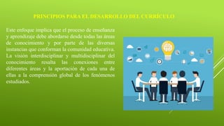 PRINCIPIOS PARA EL DESARROLLO DEL CURRÍCULO
Este enfoque implica que el proceso de enseñanza
y aprendizaje debe abordarse desde todas las áreas
de conocimiento y por parte de las diversas
instancias que conforman la comunidad educativa.
La visión interdisciplinar y multidisciplinar del
conocimiento resalta las conexiones entre
diferentes áreas y la aportación de cada una de
ellas a la comprensión global de los fenómenos
estudiados.
 
