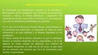 ORIENTACIONES METODOLÓGICAS
Se fomentará una metodología centrada en la actividad y
participación de los estudiantes que favorezca el pensamiento
racional y crítico, el trabajo individual y cooperativo del
alumnado en el aula, que conlleve la lectura y la investigación,
así como las diferentes posibilidades de expresión.
En el caso de la Educación General Básica, especialmente en
sus primeros tres subniveles, se integrarán en todas las áreas
referencias a la vida cotidiana y al entorno inmediato de los
estudiantes.
El objeto central de la práctica educativa es que el estudiante
alcance el máximo desarrollo de sus capacidades y no el de
adquirir de forma aislada las destrezas con criterios de
desempeño propuestas en cada una de las áreas, ya que estas
son un elemento del currículo que sirve de instrumento para
facilitar el aprendizaje.
 