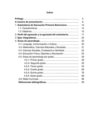 Índice
Prólogo……………………………………......................……………. 5
A manera de presentación........................................................... 8
1- Subsistema de Educación Primaria Bolivariana……..……… 12
1.1- Características…………….....……………………………….. 14
1.2- Objetivos……………………….......………………………….. 15
2- Perfil del egresado y la egresada del subsistema….............. 17
3- Ejes integradores...………………………………………............. 20
4- Áreas de aprendizaje................................................................ 20
4.1- Lenguaje, Comunicación y Cultura…………………………. 20
4.2- Matemática, Ciencias Naturales y Sociedad......................... 21
4.3- Ciencias Sociales, Ciudadanía e Identidad ……………… 22
4.4- Educación Física, Deportes y Recreación………………… 23
4.5- Áreas de aprendizaje por grado......................................... 29
4.5.1- Primer grado.......................................................... 29
4.5.2- Segundo grado...................................................... 40
4.5.3- Tercer grado........................................................... 53
4.5.4- Cuarto grado.......................................................... 66
4.5.5- Quinto grado.......................................................... 78
4.5.6- Sexto grado............................................................ 88
4.6- Malla Curricular………………………………………………. 98
Referencias bibliográficas…………………………………..…. 99
3
 