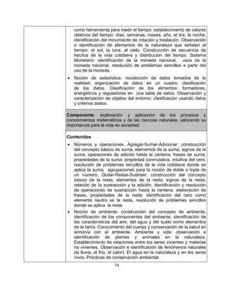 34
ma
Monetario: identificación de la moneda nacional, usos de la
e estadística: recolección de datos tomados de la
organización de datos en un cuadro, clasificación
abla de datos. Observación y
como herramienta para medir el tiempo: establecimiento de valores
relativos del tiempo: días, semanas, meses, año, el día, la noche,
identificación del movimiento de rotación y traslación. Observación
e identificación de elementos de la naturaleza que señalan el
tiempo: el sol, la luna, el cielo. Construcción de secuencia de
hechos de la vida cotidiana y distribución del tiempo. Siste
moneda nacional, resolución de problemas sencillos a partir del
uso de la moneda.
• Noción d
realidad,
de los datos. Clasificación de los alimentos: formadores,
energéticos y reguladores en una t
caracterización de objetos del entorno: clasificación usando datos
y criterios dados.
Com exploración y aplicación de los procesos yponente:
conocimientos matemáticos y de las ciencias naturales, valorando su
importancia para la vida en sociedad.
Contenidos
Números y operacio• nes. Agregar-Sumar-Adicionar: construcción
uma, agrupaciones para la noción de doble o triple de
nes de sustracción hasta la centena, elaboración de
•
del concepto básico de suma, elementos de la suma, signos de la
suma, operaciones de adición hasta la centena, frases de suma,
propiedades de la suma: propiedad conmutativa, intuitiva del cero,
resolución de problemas sencillos de la vida cotidiana donde se
aplica la s
un número. Quitar-Restar-Sustraer: construcción del concepto
básico de la resta, elementos de la resta, signos de la resta,
relación de la sustracción y la adición, identificación y resolución
de operacio
frases, propiedades de la resta: identificación del cero como
elemento neutro se la resta, resolución de problemas sencillos
donde se aplica la resta.
Noción de ambiente: construcción del concepto de ambiente,
identificación de los componentes del ambiente, identificación de
las características del aire, del agua y del suelo como elementos
de la tierra. Conocimiento del cuerpo y conservación de la salud en
armonía con el ambiente. Ambiente y vida: observación e
identificación de plantas y animales en la naturaleza.
Establecimiento de relaciones entre los seres vivientes y materias
no vivientes. Observación e identificación de fenómenos naturales
(la lluvia, el frío, el calor). El agua en la naturaleza y en los seres
vivos. Prácticas de conservación ambiental.
 