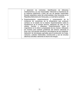 72
•
y absorción de nutrientes. Identificación de diferentes
medicamentos y su uso responsable. Valoración e importancia de
la medicina tradicional a partir del uso de plantas medicinales
Estudio estadístico sobre las enfermedades más frecuentes en la
República Bolivariana de Venezuela y a nivel latino-caribeño.
Experimentación: experimentación y comprobación de la
incidencia de variaciones de la temperatura que producen
cambios en el estado de la materia. Experimentación sobre la
transferencia de la energía térmica: aplicación de calor en los
sólidos, líquidos y gaseosos. Experimentación sobre el
magnetismo en la tierra y propiedades de los imanes. Utilización
de inventos para resolver problemas del entorno valorando el
buen uso y los aportes científicos y tecnológicos de sus creadores.
Aplicación de tecnologías agrícolas para la producción de frutas,
verduras y plantas medicinales. Construcción y uso de circuitos
eléctricos sencillos valorando el ahorro de energía.
 
