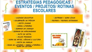 ENTRADA / HORA CÍVICA
RECREIO / RECREIO ESTENDIDO
COZINHA EDUCATIVA
CELEBRAÇÃO DE PÁSCOA
FESTA JUNINA
SARAU LITERÁRIO
SEMANA DA CRIANÇA
SEMANA DA AFRICANIDADE
AUTO DE NATAL
AULAS PASSEIOS
FEIRA DE ARTES, CIÊNCIAS E CULTURA
FESTA DA FAMILIA
RODA DE LEITORES / SARAU LITERÁRIO /
HORA DA LEITURA
ESTRATÉGIAS PEDAGÓGICAS /
EVENTOS / PROJETOS/ ROTINAS
ESCOLARES
 