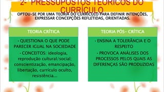 2- PRESSUPOSTOS TEÓRICOS DO
CURRÍCULOOPTOU-SE POR UMA TEORIA DO CURRÍCULO PARA DEFINIR INTENÇÕES,
EXPRESSAR CONCEPÇÕES REFLETIDAS, ORIENTADAS.
TEORIA CRÍTICA
•QUESTIONA O QUE PODE
PARECER IGUAL NA SOCIEDADE
•CONCEITOS: ideologia,
reprodução cultural/social;
conscientização, emancipação,
libertação, currículo oculto,
resistência...
TEORIA PÓS- CRÍTICA
•ENSINA A TOLERÂNCIA E O
RESPEITO
•PROVOCA ANÁLISES DOS
PROCESSOS PELOS QUAIS AS
DIFERENÇAS SÃO PRODUZIDAS
 