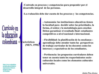 -Centrado en procesos y competencias para propender por el 
desarrollo integral de las personas. 
-La evaluación debe dar cuenta de los procesos y las competencias. 
Características 
(MEN, 1998) 
- Autonomía: las instituciones educativas tienen 
la facultad para decidir sobre las prioridades, la 
forma, el orden y la metodología para enseñar. 
Deben garantizar el resultado final: estudiantes 
competitivos a nivel nacional e internacional. 
- Flexibilidad: la planificación de la enseñanza - 
aprendizaje debe atender tanto las perspectivas 
de trabajo curricular de los docentes como los 
intereses y expectativas de los estudiantes. 
- Pertinencia: las propuestas curriculares deben 
tener en cuenta tanto los requerimientos socio-culturales 
locales como los elementos culturales 
universales. 
http://www.colombiaa 
prende.edu.co/html/co 
mpetencias/1746/w3- 
propertyvalue- 
44754.html 
Análida Pérez Cardona 
 