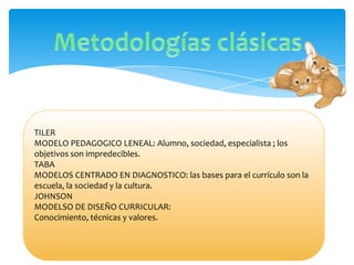 TILER
MODELO PEDAGOGICO LENEAL: Alumno, sociedad, especialista ; los
objetivos son impredecibles.
TABA
MODELOS CENTRADO EN DIAGNOSTICO: las bases para el currículo son la
escuela, la sociedad y la cultura.
JOHNSON
MODELSO DE DISEÑO CURRICULAR:
Conocimiento, técnicas y valores.
 