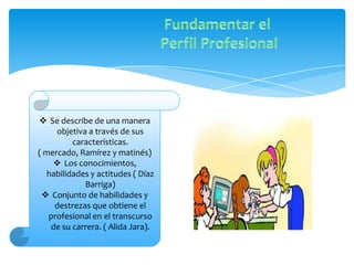  Se describe de una manera
     objetiva a través de sus
          características.
( mercado, Ramírez y matinés)
     Los conocimientos,
   habilidades y actitudes ( Díaz
             Barriga)
  Conjunto de habilidades y
     destrezas que obtiene el
   profesional en el transcurso
    de su carrera. ( Alida Jara).
 