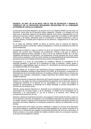DECRETO 69 /2007, DE 28 DE MAYO, POR EL QUE SE ESTABLECE Y ORDENA EL
CURRÍCULO DE LA EDUCACIÓN SECUNDARIA OBLIGATORIA EN L...