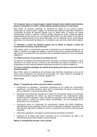 10. Componer textos, en soporte papel o digital, tomando como modelo textos literarios
leídos y comentados en el aula o realizar algunas transformaciones en esos textos.
Este criterio se pretende comprobar la capacidad de utilizar en los propios escritos,
presentados en soporte papel o digital, los conocimientos literarios adquiridos, mediante la
composición de textos de intención literaria como un relato breve, un poema con ciertas
características rítmicas o retóricas, imitando modelos utilizados en clase o realizando alguna
transformación de los mismos con un propósito determinado. Con este criterio no se trata de
evaluar la calidad literaria de los textos elaborados, sino la utilización de los conocimientos
adquiridos y la composición de textos con un propósito y para una tarea determinada (objetivo
7).
11. Identificar y valorar las distintas lenguas que se hablan en España a través del
conocimiento de autores y obras literarias
Este criterio valora el conocimiento que tiene el alumnado de las distintas lenguas que se
hablan en España y su espacio de difusión, a través de los textos y el patrimonio literario y el
valor que da a su desarrollo como testimonio de una identidad cultural que se ha de respetar
(objetivo 8).
12. Utilizar la lectura y la escritura en su tiempo de ocio
Se valora el uso habitual que el alumnado hace de la lectura a través de la biblioteca o de la
escritura en su tiempo de ocio a través de las demandas que realiza el profesor o de la
receptividad con que recibe las distintas iniciativas de animación a la lectura (objetivo 9).
13. Poner en práctica estrategias de análisis de los textos que eviten su uso como fuente
de discriminación
Este criterio valora la competencia del alumnado para identificar situaciones en las que él
mismo, otros compañeros, los medios de comunicación, etc., están utilizando el lenguaje de
forma discriminatoria en cualquier situación (objetivo 10).
Tercer curso
                                         Contenidos
Bloque 1. Competencias orales: escuchar, hablar y conversar
•   Comprensión de reportajes y entrevistas procedentes de los medios de comunicación
    audiovisual; y de textos orales de clase como la presentación de tareas e instrucciones
    para su realización, a breves exposiciones orales.
•   Exposición de la información tomada de un medio de comunicación acerca de un tema de
    actualidad, respetando las normas que rigen la interacción oral. Explicaciones orales
    sencillas de forma ordenada y clara, previamente preparada, sobre hechos de actualidad
    social, política o cultural con ayuda medios audiovisuales y de las tecnologías de la
    información y la comunicación.
•   Intervención activa en situaciones de comunicación propias del ámbito académico,
    especialmente en las propuestas sobre el modo de organizar la actividad, la aportación de
    informaciones útiles para el trabajo en común y la exposición de informes sobre las tareas
    realizadas.
•   Actitud de cooperación y de respeto en situaciones de aprendizaje compartido.
•   Utilización de la lengua para tomar conciencia de los conocimientos, las ideas y los
    sentimientos propios y para regular la propia conducta.
Bloque 2. Competencias escritas: Leer y escribir




                                              100
 