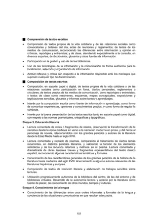 Comprensión de textos escritos
•   Comprensión de textos propios de la vida cotidiana y de las relaciones sociales como
    convocatorias y órdenes del día, actas de reuniones y reglamentos; de textos de los
    medios de comunicación, reconociendo las diferencias entre información y opinión en
    crónicas, reportajes y entrevistas; y de clase, atendiendo especialmente a la consulta, en
    diversos soportes, de diccionarios, glosarios y otras fuentes de información.
•   Participación en la gestión y uso de de las bibliotecas.
•   Uso de las tecnologías de la información y la comunicación de forma autónoma para la
    localización, selección y organización de información.
•   Actitud reflexiva y crítica con respecto a la información disponible ante los mensajes que
    suponen cualquier tipo de discriminación.
    Composición de textos escritos
•   Composición, en soporte papel o digital, de textos propios de la vida cotidiana y de las
    relaciones sociales como participación en foros, diarios personales, reglamentos o
    circulares; de textos propios de los medios de comunicación, como reportajes o entrevistas;
    y textos de clase como resúmenes, esquemas, mapas conceptuales, exposiciones y
    explicaciones sencillas, glosarios y informes sobre tareas y aprendizajes.
•   Interés por la composición escrita como fuente de información y aprendizaje, como forma
    de comunicar experiencias, opiniones y conocimientos propios, y como forma de regular la
    conducta.
•   Interés por la buena presentación de los textos escritos tanto en soporte papel como digital,
    con respeto a las normas gramaticales, ortográficas y tipográficas.
Bloque 3. Educación literaria
•   Lectura comentada de obras o fragmentos de relatos, observando la transformación de la
    narrativa desde la épica medieval en verso a la narración moderna en prosa, y del héroe al
    personaje de novela, relacionándolos con los grandes periodos y autores de la literatura
    desde la Edad Media hasta el siglo XVIII.
•   Lectura comentada y recitado de poemas, comparando el tratamiento de ciertos temas
    recurrentes, en distintos periodos literarios, y valorando la función de los elementos
    simbólicos y de los recursos retóricos y métricos en el poema. Lectura comentada y
    dramatizada de obras teatrales breves y fragmentos representativos del teatro clásico
    español, reconociendo algunas características temáticas y formales.
•   Conocimiento de las características generales de los grandes periodos de la historia de la
    literatura hasta mediados del siglo XVIII. Acercamiento a algunos autores relevantes de las
    literaturas hispánicas y europea.
•   Composición de textos de intención literaria y elaboración de trabajos sencillos sobre
    lecturas.
•   Utilización progresivamente autónoma de la biblioteca del centro, de las del entorno y de
    bibliotecas virtuales. Desarrollo de la autonomía lectora y aprecio por la literatura como
    fuente de placer, de conocimiento de otros mundos, tiempos y culturas.
Bloque 4. Conocimiento de la lengua
•   Conocimiento de las diferencias entre usos orales informales y formales de la lengua y
    conciencia de las situaciones comunicativas en que resultan adecuados.




                                               101
 