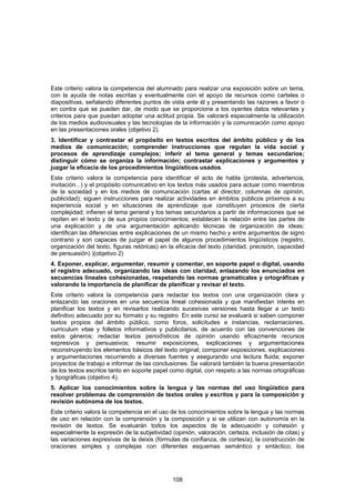 Este criterio valora la competencia del alumnado para realizar una exposición sobre un tema,
con la ayuda de notas escritas y eventualmente con el apoyo de recursos como carteles o
diapositivas, señalando diferentes puntos de vista ante él y presentando las razones a favor o
en contra que se pueden dar, de modo que se proporcione a los oyentes datos relevantes y
criterios para que puedan adoptar una actitud propia. Se valorará especialmente la utilización
de los medios audiovisuales y las tecnologías de la información y la comunicación como apoyo
en las presentaciones orales (objetivo 2).
3. Identificar y contrastar el propósito en textos escritos del ámbito público y de los
medios de comunicación; comprender instrucciones que regulan la vida social y
procesos de aprendizaje complejos; inferir el tema general y temas secundarios;
distinguir cómo se organiza la información; contrastar explicaciones y argumentos y
juzgar la eficacia de los procedimientos lingüísticos usados.
Este criterio valora la competencia para identificar el acto de habla (protesta, advertencia,
invitación...) y el propósito comunicativo en los textos más usados para actuar como miembros
de la sociedad y en los medios de comunicación (cartas al director, columnas de opinión,
publicidad); siguen instrucciones para realizar actividades en ámbitos públicos próximos a su
experiencia social y en situaciones de aprendizaje que constituyen procesos de cierta
complejidad; infieren el tema general y los temas secundarios a partir de informaciones que se
repiten en el texto y de sus propios conocimientos; establecen la relación entre las partes de
una explicación y de una argumentación aplicando técnicas de organización de ideas;
identifican las diferencias entre explicaciones de un mismo hecho y entre argumentos de signo
contrario y son capaces de juzgar el papel de algunos procedimientos lingüísticos (registro,
organización del texto, figuras retóricas) en la eficacia del texto (claridad, precisión, capacidad
de persuasión) )(objetivo 2)
4. Exponer, explicar, argumentar, resumir y comentar, en soporte papel o digital, usando
el registro adecuado, organizando las ideas con claridad, enlazando los enunciados en
secuencias lineales cohesionadas, respetando las normas gramaticales y ortográficas y
valorando la importancia de planificar de planificar y revisar el texto.
Este criterio valora la competencia para redactar los textos con una organización clara y
enlazando las oraciones en una secuencia lineal cohesionada y que manifiestan interés en
planificar los textos y en revisarlos realizando sucesivas versiones hasta llegar a un texto
definitivo adecuado por su formato y su registro. En este curso se evaluará si saben componer
textos propios del ámbito público, como foros, solicitudes e instancias, reclamaciones,
curriculum vitae y folletos informativos y publicitarios, de acuerdo con las convenciones de
estos géneros; redactar textos periodísticos de opinión usando eficazmente recursos
expresivos y persuasivos; resumir exposiciones, explicaciones y argumentaciones
reconstruyendo los elementos básicos del texto original; componer exposiciones, explicaciones
y argumentaciones recurriendo a diversas fuentes y asegurando una lectura fluida; exponer
proyectos de trabajo e informar de las conclusiones. Se valorará también la buena presentación
de los textos escritos tanto en soporte papel como digital, con respeto a las normas ortográficas
y tipográficas (objetivo 4).
5. Aplicar los conocimientos sobre la lengua y las normas del uso lingüístico para
resolver problemas de comprensión de textos orales y escritos y para la composición y
revisión autónoma de los textos.
Este criterio valora la competencia en el uso de los conocimientos sobre la lengua y las normas
de uso en relación con la comprensión y la composición y si se utilizan con autonomía en la
revisión de textos. Se evaluarán todos los aspectos de la adecuación y cohesión y
especialmente la expresión de la subjetividad (opinión, valoración, certeza, inclusión de citas) y
las variaciones expresivas de la deixis (fórmulas de confianza, de cortesía); la construcción de
oraciones simples y complejas con diferentes esquemas semántico y sintáctico; los




                                               108
 