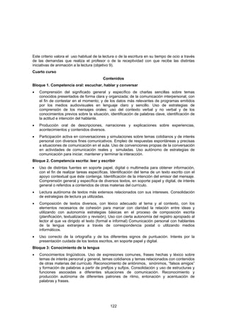 Este criterio valora el uso habitual de la lectura o de la escritura en su tiempo de ocio a través
de las demandas que realiza el profesor o de la receptividad con que recibe las distintas
iniciativas de animación a la lectura (objetivo 9).
Cuarto curso
                                          Contenidos
Bloque 1. Competencia oral: escuchar, hablar y conversar
•   Comprensión del significado general y específico de charlas sencillas sobre temas
    conocidos presentados de forma clara y organizada; de la comunicación interpersonal, con
    el fin de contestar en el momento; y de los datos más relevantes de programas emitidos
    por los medios audiovisuales en lenguaje claro y sencillo. Uso de estrategias de
    comprensión de los mensajes orales: uso del contexto verbal y no verbal y de los
    conocimientos previos sobre la situación, identificación de palabras clave, identificación de
    la actitud e intención del hablante.
•   Producción oral de descripciones, narraciones y explicaciones sobre experiencias,
    acontecimientos y contenidos diversos.
•   Participación activa en conversaciones y simulaciones sobre temas cotidianos y de interés
    personal con diversos fines comunicativos. Empleo de respuestas espontáneas y precisas
    a situaciones de comunicación en el aula. Uso de convenciones propias de la conversación
    en actividades de comunicación reales y simuladas. Uso autónomo de estrategias de
    comunicación para iniciar, mantener y terminar la interacción.
Bloque 2. Competencia escrita: leer y escribir
•   Uso de distintas fuentes en soporte papel, digital o multimedia para obtener información,
    con el fin de realizar tareas específicas. Identificación del tema de un texto escrito con el
    apoyo contextual que éste contenga. Identificación de la intención del emisor del mensaje.
    Comprensión general y específica de diversos textos, en soporte papel y digital, de interés
    general o referidos a contenidos de otras materias del currículo.
•   Lectura autónoma de textos más extensos relacionados con sus intereses. Consolidación
    de estrategias de lectura ya utilizadas.
•   Composición de textos diversos, con léxico adecuado al tema y al contexto, con los
    elementos necesarios de cohesión para marcar con claridad la relación entre ideas y
    utilizando con autonomía estrategias básicas en el proceso de composición escrita
    (planificación, textualización y revisión). Uso con cierta autonomía del registro apropiado al
    lector al que va dirigido el texto (formal e informal) Comunicación personal con hablantes
    de la lengua extranjera a través de correspondencia postal o utilizando medios
    informáticos.
•   Uso correcto de la ortografía y de los diferentes signos de puntuación. Interés por la
    presentación cuidada de los textos escritos, en soporte papel y digital.
Bloque 3: Conocimiento de la lengua
•   Conocimientos lingüísticos. Uso de expresiones comunes, frases hechas y léxico sobre
    temas de interés personal y general, temas cotidianos y temas relacionados con contenidos
    de otras materias del currículo. Reconocimiento de antónimos, sinónimos, “falsos amigos”
    y formación de palabras a partir de prefijos y sufijos. Consolidación y uso de estructuras y
    funciones asociadas a diferentes situaciones de comunicación. Reconocimiento y
    producción autónoma de diferentes patrones de ritmo, entonación y acentuación de
    palabras y frases.




                                               122
 
