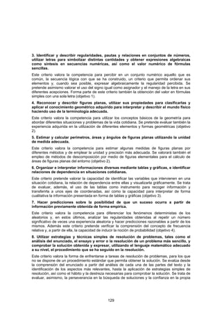 3. Identificar y describir regularidades, pautas y relaciones en conjuntos de números,
utilizar letras para simbolizar distintas cantidades y obtener expresiones algebraicas
como síntesis en secuencias numéricas, así como el valor numérico de fórmulas
sencillas.
Este criterio valora la competencia para percibir en un conjunto numérico aquello que es
común, la secuencia lógica con que se ha construido, un criterio que permita ordenar sus
elementos y, cuando sea posible, expresar algebraicamente la regularidad percibida. Se
pretende asimismo valorar el uso del signo igual como asignador y el manejo de la letra en sus
diferentes acepciones. Forma parte de este criterio también la obtención del valor en fórmulas
simples con una sola letra (objetivo 1).
4. Reconocer y describir figuras planas, utilizar sus propiedades para clasificarlas y
aplicar el conocimiento geométrico adquirido para interpretar y describir el mundo físico
haciendo uso de la terminología adecuada.
Este criterio valora la competencia para utilizar los conceptos básicos de la geometría para
abordar diferentes situaciones y problemas de la vida cotidiana. Se pretende evaluar también la
experiencia adquirida en la utilización de diferentes elementos y formas geométricas (objetivo
2).
5. Estimar y calcular perímetros, áreas y ángulos de figuras planas utilizando la unidad
de medida adecuada.
Este criterio valora la competencia para estimar algunas medidas de figuras planas por
diferentes métodos y de emplear la unidad y precisión más adecuada. Se valorará también el
empleo de métodos de descomposición por medio de figuras elementales para el cálculo de
áreas de figuras planas del entorno (objetivo 2).
6. Organizar e interpretar informaciones diversas mediante tablas y gráficas, e identificar
relaciones de dependencia en situaciones cotidianas.
Este criterio pretende valorar la capacidad de identificar las variables que intervienen en una
situación cotidiana, la relación de dependencia entre ellas y visualizarla gráficamente. Se trata
de evaluar, además, el uso de las tablas como instrumento para recoger información y
transferirla a unos ejes de coordenadas, así como la capacidad para interpretar de forma
cualitativa la información presentada en forma de tablas y gráficas (objetivo 3).
7. Hacer predicciones sobre la posibilidad de que un suceso ocurra a partir de
información previamente obtenida de forma empírica.
Este criterio valora la competencia para diferenciar los fenómenos deterministas de los
aleatorios y, en estos últimos, analizar las regularidades obtenidas al repetir un número
significativo de veces una experiencia aleatoria y hacer predicciones razonables a partir de los
mismos. Además este criterio pretende verificar la comprensión del concepto de frecuencia
relativa y, a partir de ella, la capacidad de inducir la noción de probabilidad (objetivo 4).
8. Utilizar estrategias y técnicas simples de resolución de problemas, tales como el
análisis del enunciado, el ensayo y error o la resolución de un problema más sencillo, y
comprobar la solución obtenida y expresar, utilizando el lenguaje matemático adecuado
a su nivel, el procedimiento que se ha seguido en la resolución.
Este criterio valora la forma de enfrentarse a tareas de resolución de problemas, para los que
no se dispone de un procedimiento estándar que permita obtener la solución. Se evalúa desde
la comprensión del enunciado a partir del análisis de cada una de las partes del texto y la
identificación de los aspectos más relevantes, hasta la aplicación de estrategias simples de
resolución, así como el hábito y la destreza necesarias para comprobar la solución. Se trata de
evaluar, asimismo, la perseverancia en la búsqueda de soluciones y la confianza en la propia




                                              129
 