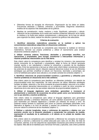•   Diferentes formas de recogida de información. Organización de los datos en tablas.
    Frecuencias absolutas y relativas, ordinarias y acumuladas. Diagramas estadísticos.
    Análisis de los aspectos más destacables de los gráficos.
•   Medidas de centralización: media, mediana y moda. Significado, estimación y cálculo.
    Utilización de las propiedades de la media para resolver problemas Utilización de la media,
    la mediana y la moda para realizar comparaciones y valoraciones. de la hoja de cálculo
    para organizar los datos, realizar los cálculos y generar los gráficos más adecuados.
                                    Criterios de evaluación
1. Identificar elementos matemáticos presentes en la realidad y aplicar                       los
conocimientos matemáticos adquiridos en situaciones cotidianas.
Este criterio valora si el alumnado es competente para interpretar la realidad en términos
matemáticos, formular sus propios problemas y utilizar el razonamiento para analizar
situaciones cotidianas (objetivo 1).
2. Utilizar números enteros, fracciones, decimales y porcentajes sencillos, sus
operaciones y propiedades, para recoger, transformar e intercambiar información y
resolver problemas relacionados con la vida diaria.
Este criterio valora la competencia para identificar y emplear los números y las operaciones
siendo consciente de su significado y propiedades, elegir la forma de cálculo apropiada
(mental, escrita o con calculadora) y estimar la coherencia y precisión de los resultados
obtenidos. Entre las operaciones a las que se refiere este criterio deben considerarse incluidas
las potencias de exponente natural. Adquiere especial relevancia evaluar el uso de diferentes
estrategias que permitan simplificar el cálculo con fracciones, decimales y porcentajes, así
como la habilidad para aplicar esos cálculos a una amplia variedad de contextos (objetivo 1).
3. Identificar relaciones de proporcionalidad numérica y geométrica y utilizarlas para
resolver problemas en situaciones de la vida cotidiana.
Este criterio valora la competencia para identificar, en diferentes contextos, una relación de
proporcionalidad entre dos magnitudes. Se trata asimismo de utilizar diferentes estrategias
(empleo de tablas, obtención y uso de la constante de proporcionalidad, reducción a la unidad,
etc.) para obtener elementos desconocidos en un problema a partir de otros conocidos en
situaciones de la vida real en las que existan relaciones de proporcionalidad (objetivo 1).
4. Utilizar el lenguaje algebraico para simbolizar, generalizar e incorporar el
planteamiento y resolución de ecuaciones de primer grado como una herramienta más
con la que abordar y resolver problemas.
Este criterio valora la competencia para utilizar el lenguaje algebraico para generalizar
propiedades sencillas y simbolizar relaciones, así como plantear ecuaciones de primer grado
para resolverlas por métodos algebraicos y también por métodos de ensayo y error. Se
pretende evaluar también la capacidad para poner en práctica estrategias personales como
alternativa al álgebra a la hora de plantear y resolver los problemas. Asimismo se ha de
procurar valorar la coherencia de los resultados (objetivo 1).
5. Estimar y calcular longitudes, áreas y volúmenes de espacios y objetos con una
precisión acorde con la situación planteada y comprender los procesos de medida,
expresando el resultado de la estimación o el cálculo en la unidad de medida más
adecuada.
Este criterio valora la competencia para comprender y diferenciar los conceptos de longitud,
superficie y volumen y seleccionar la unidad adecuada para cada uno de ellos. Se trata de
comprobar, además, si se han adquirido las capacidades necesarias para estimar el tamaño de
los objetos. Más allá de la habilidad para memorizar fórmulas y aplicarlas, este criterio pretende




                                               132
 