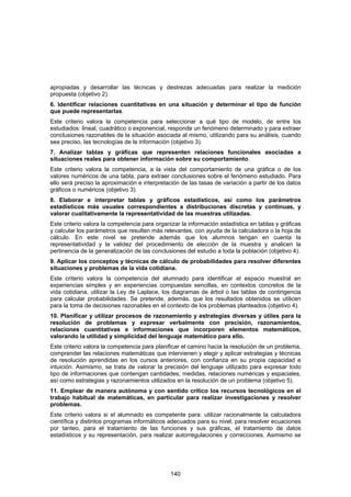 apropiadas y desarrollar las técnicas y destrezas adecuadas para realizar la medición
propuesta (objetivo 2).
6. Identificar relaciones cuantitativas en una situación y determinar el tipo de función
que puede representarlas.
Este criterio valora la competencia para seleccionar a qué tipo de modelo, de entre los
estudiados: lineal, cuadrático o exponencial, responde un fenómeno determinado y para extraer
conclusiones razonables de la situación asociada al mismo, utilizando para su análisis, cuando
sea preciso, las tecnologías de la información (objetivo 3).
7. Analizar tablas y gráficas que representen relaciones funcionales asociadas a
situaciones reales para obtener información sobre su comportamiento.
Este criterio valora la competencia, a la vista del comportamiento de una gráfica o de los
valores numéricos de una tabla, para extraer conclusiones sobre el fenómeno estudiado. Para
ello será preciso la aproximación e interpretación de las tasas de variación a partir de los datos
gráficos o numéricos (objetivo 3).
8. Elaborar e interpretar tablas y gráficos estadísticos, así como los parámetros
estadísticos más usuales correspondientes a distribuciones discretas y continuas, y
valorar cualitativamente la representatividad de las muestras utilizadas.
Este criterio valora la competencia para organizar la información estadística en tablas y gráficas
y calcular los parámetros que resulten más relevantes, con ayuda de la calculadora o la hoja de
cálculo. En este nivel se pretende además que los alumnos tengan en cuenta la
representatividad y la validez del procedimiento de elección de la muestra y analicen la
pertinencia de la generalización de las conclusiones del estudio a toda la población (objetivo 4).
9. Aplicar los conceptos y técnicas de cálculo de probabilidades para resolver diferentes
situaciones y problemas de la vida cotidiana.
Este criterio valora la competencia del alumnado para identificar el espacio muestral en
experiencias simples y en experiencias compuestas sencillas, en contextos concretos de la
vida cotidiana, utilizar la Ley de Laplace, los diagramas de árbol o las tablas de contingencia
para calcular probabilidades. Se pretende, además, que los resultados obtenidos se utilicen
para la toma de decisiones razonables en el contexto de los problemas planteados (objetivo 4).
10. Planificar y utilizar procesos de razonamiento y estrategias diversas y útiles para la
resolución de problemas y expresar verbalmente con precisión, razonamientos,
relaciones cuantitativas e informaciones que incorporen elementos matemáticos,
valorando la utilidad y simplicidad del lenguaje matemático para ello.
Este criterio valora la competencia para planificar el camino hacia la resolución de un problema,
comprender las relaciones matemáticas que intervienen y elegir y aplicar estrategias y técnicas
de resolución aprendidas en los cursos anteriores, con confianza en su propia capacidad e
intuición. Asimismo, se trata de valorar la precisión del lenguaje utilizado para expresar todo
tipo de informaciones que contengan cantidades, medidas, relaciones numéricas y espaciales,
así como estrategias y razonamientos utilizados en la resolución de un problema (objetivo 5).
11. Emplear de manera autónoma y con sentido crítico los recursos tecnológicos en el
trabajo habitual de matemáticas, en particular para realizar investigaciones y resolver
problemas.
Este criterio valora si el alumnado es competente para: utilizar racionalmente la calculadora
científica y distintos programas informáticos adecuados para su nivel, para resolver ecuaciones
por tanteo, para el tratamiento de las funciones y sus gráficas, el tratamiento de datos
estadísticos y su representación, para realizar autorregulaciones y correcciones. Asimismo se




                                               140
 