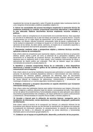 respetando las normas de seguridad y salud. El grado de acabado debe mantenerse dentro de
unos márgenes dimensionales y estéticos aceptables (objetivo 2).
6. Valorar las necesidades del proceso tecnológico empleando la resolución técnica de
problemas analizando su contexto, proponiendo soluciones alternativas y desarrollando
la más adecuada. Elaborar documentos técnicos empleando recursos verbales y
gráficos.
Este criterio valora la competencia en el conocimiento de la actividad técnica. Esta capacidad
se concreta en la elaboración de un plan de trabajo para ejecutar un proyecto técnico: conjunto
de documentos con un orden lógico de operaciones, con la previsión de tiempos y recursos
materiales, con dibujos, cálculos numéricos, presupuesto, listas de piezas y explicaciones. Se
ha de evaluar la cooperación y el trabajo en equipo en un clima de tolerancia hacia las ideas y
opiniones de los demás. Se debe valorar, asimismo, el empleo de un vocabulario específico y
de modos de expresión técnicamente apropiados (objetivo 2).
7. Representar mediante vistas y perspectivas objetos y sistemas técnicos sencillos,
aplicando criterios de normalización.
Este criterio valora la competencia para representar objetos y sistemas técnicos en proyección
diédrica: alzado, planta y perfil, así como, la obtención de su perspectiva caballera, como
herramienta en el desarrollo de proyectos técnicos. Se pretende evaluar la adquisición de
destrezas para su realización tanto a mano alzada, como mediante instrumentos de dibujo y
aplicaciones de diseño gráfico por ordenador. Para ello se deberán seguir los criterios
normalizados de acotación y escala (objetivo 3).
8. Identificar y conectar componentes físicos de un ordenador y otros dispositivos
electrónicos y manejar el entorno gráfico de los sistemas operativos como interfaz de
comunicación con la máquina.
Este criterio valora el uso de las habilidades necesarias para administrar un sistema informático
personal. El alumnado conectará dispositivos externos e interconectará con otros sistemas,
personalizará los entornos gráficos, gestionará los diferentes tipos de documentos
almacenando y recuperando la información en diferentes soportes. Deberán, asimismo, realizar
las tareas básicas de instalación de aplicaciones, mantenimiento y actualización que
mantengan el sistema en un nivel de seguridad y rendimiento (objetivo 4).
9. Elaborar, almacenar y recuperar documentos en soporte electrónico que incorporen
información textual y gráfica.
Este criterio valora las habilidades básicas para realizar documentos que integren información
textual, imágenes y gráficos utilizando hojas de cálculo y procesadores de texto. Para lograrlo
se han de aplicar los procedimientos y funcionalidades propias de cada aplicación para obtener
documentos progresivamente más complejos y de mayor perfección en cuanto a estructuración
y presentación, almacenándolos en soportes físicos locales o remotos (objetivo 4).
10. Acceder a Internet para la utilización de servicios básicos: navegación para la
localización de información, correo electrónico, comunicación intergrupal y publicación
de información.
Este criterio valora el dominio de la navegación por Internet y la utilización eficiente de los
buscadores para afianzar técnicas que les permitan la identificación de objetivos de búsqueda,
la localización de información relevante, su almacenamiento, la creación de colecciones de
referencias de interés y la utilización de gestores de correo electrónico y herramientas
diseñadas para la comunicación grupal (objetivo 4).
11. Colaborar con el equipo en la planificación, desarrollo y evaluación de los proyectos.




                                              155
 