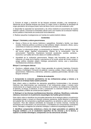 2. Conocer el origen y evolución de las lenguas europeas actuales y las semejanzas y
diferencias de las distintas lenguas que tienen un origen común e identificar la etimología de
origen grecolatino de la lengua propia, tanto del léxico común como del vocabulario culto.
3. Desarrollar la capacidad de razonamiento y de crítica mediante el conocimiento de nuestra
tradición cultural y reconocer la diversidad cultural como una muestra de la evolución histórica
de los pueblos e instrumento de construcción de la tolerancia.
4. Realizar pequeñas investigaciones con fuentes de nuestra tradición clásica.
                                           Contenidos
Bloque 1. Sociedad y cultura grecorromana.
•   Grecia y Roma en los marcos históricos y geográficos. Sociedad y familia. Las clases
    sociales. Sistemas políticos y jurídicos La vida cotidiana: religión, educación, oficios, usos y
    costumbres en todas sus vertientes, manifestaciones artísticas.
•   Hispania. La colonización griega. La romanización en Hispania: Roma, vehículo transmisor
    del mundo griego. Agentes romanizadores. Efectos de la romanización: Vías de
    comunicación. Topónimos. Arquitectura funcional: acueductos, puentes, pantanos…
    Economía. Las huellas del mundo clásico en Castilla-La Mancha.
•   Actualidad de la civilización grecorromana. Rasgos más frecuentes que denoten la
    influencia a lo largo de la historia y pervivencia en el mundo actual del mundo romano y
    griego: política, sociedad, religión, mitología, pensamiento, ciencia, usos y costumbres,
    manifestaciones artísticas y literarias.
Bloque 2. Las lenguas clásicas
•   Escritura y alfabeto griego. El latín: líneas generales de evolución lingüística: Evolución
    fonética y morfológica. Formación de palabras. Lexemas, prefijos, infijos y sufijos de origen
    grecorromano. Helenismos y latinismos; cultismos y palabras patrimoniales. Del latín a las
    lenguas romances
                                     Criterios de evaluación
1. Comprender la evolución geohistórica de las civilizaciones griega y romana y la
evolución en el tiempo hasta nuestro presente.
Este criterio valora si identifican los elementos geográficos fundamentales y los procesos
históricos más determinantes que caracterizan a las civilizaciones griega y romana como
constructoras de un legado actual que se mantiene en la política, las instituciones, la filosofía,
el Derecho, la lengua, la literatura, el arte y comprenden su extensión desde una óptica de
multicausalidad y análisis de consecuencias (objetivo 1).
2. Distinguir en las diversas manifestaciones literarias, artísticas, filosóficas y culturales
clásicas y reconocer en el patrimonio arqueológico las huellas grecorromanas.
Este criterio valora si identifican los principales elementos de la mitología clásica y el patrimonio
arqueológico griego y romano en diversos contextos expresivos, textos literarios e iconografía
de cualquier tipo, se comprende su significado específico y se advierte su valor como fuente de
inspiración. Para ello realizará actividades de búsqueda en fuentes diversas, incluidas las
tecnologías de la información y la comunicación, o manifestará sus conocimientos comentando
textos, mensajes o imágenes de contenido mitológico o referencia arqueológica (objetivo 1).
3. Identificar componentes sintácticos y léxico de origen grecolatino en palabras del
lenguaje cotidiano y en el vocabulario específico de las ciencias y de la técnica, y
explicar su sentido etimológico, comparando con las estructuras actuales.




                                                164
 