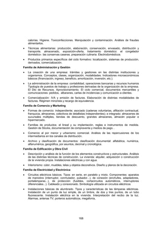 calorías. Higiene. Toxicoinfecciones. Manipulación y contaminación. Análisis de fraudes
    alimentarlos.
•   Técnicas alimentarias: producción, elaboración, conservación, envasado, distribución y
    transporte, almacenado, exposición-oferta, tratamiento doméstico: el congelador
    doméstico-. las conservas caseras. preparación culinaria. Electrodomésticos
•   Productos primarios específicos del ciclo formativo: localización, sistemas de producción,
    derivados, comercialización.
Familia de Administración y Gestión
•   La creación de una empresa: trámites y gestiones en las distintas instituciones y
    organismos. Conceptos, clases, organización, modalidades. Indicadores microeconómicos
    básicos (financiación, ingreso, beneficio, amortización, inversión, etc.).
•   La administración de la empresa: contabilidad, operaciones bancarias y recursos humanos
    Tipología de puestos de trabajo y profesiones derivadas de la organización de la empresa.
    El Dto de Recursos. Aprovisionamiento. El ciclo comercial, documentos mercantiles y
    comunicaciones: pedidos, albaranes, cartas de incidencias y comunicación a clientes.
•   Comercialización: IVA y emisión de facturas. Elaboración de distintas modalidades de
    facturas. Régimen minorista y recargo de equivalencia.
Familia de Comercio y Marketing
•   Formas de comercio: independiente; asociado (cadenas voluntarias, afiliación contractual,
    franquicia, almacenes, colectivos de detallistas independientes); e integrado: almacenes de
    sucursales múltiples, tiendas de descuento, grandes almacenes, almacén popular e
    hipermercado.
•   Familias de productos: el lineal y su implantación, reglas e instrumentos de medida.
    Gestión de Stocks, documentación de compraventa y medios de pago. .
•   Comercio al por menor y urbanismo comercial. Análisis de las repercusiones de los
    intermediarios en los canales de distribución.
•   Archivo y clasificación de documentos: clasificación documental: alfabética, numérica,
    alfanumérica, geográfica, por asuntos, decimal y cronológica.
Familia de Edificación y Obra Civil
•   Descripción y análisis de la función de los elementos constructivos y estructurales. Análisis
    de las distintas técnicas de construcción. La vivienda: alquiler, adquisición o construcción
    de la vivienda propia. Instalaciones eléctricas y con agua.
•   Interiorismo: color, muebles, telas y objetos decorativos. Diseño y planos de la decoración.
Familia de Electricidad y Electrónica
•   Circuitos eléctricos básicos. Tipos: en serie, en paralelo y mixto. Componentes: aparatos
    de maniobra (interruptor, conmutador, pulsador...), de conexión (enchufes, adaptadores,
    portalámparas...), de protección (fusibles, cortacircuitos automáticos, interruptores
    diferenciales...). Cableado y conexionado. Simbología utilizada en circuitos eléctricos
•   Instalaciones básicas de alumbrado. Tipos y características de las lámparas eléctricas.
    Instalación de un punto de luz simple, de un timbre, de dos y tres puntos, de un tubo
    fluorescente. Instalación eléctrica en la vivienda. Interpretación del recibo de la luz.
    Alarmas, antenas TV, porteros automáticos, megafonía,




                                              168
 