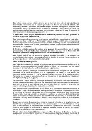 Este criterio valora además del conocimiento que el alumnado tiene sobre la idoneidad de una
determinada herramienta en el procedo productivo en función del material utilizado, del
momento y la tarea a desarrollar, se valora el respeto a normas de seguridad e higiene para
mantener un entorno de trabajo seguro, ordenado y saludable, y toma de conciencia de los
peligros que entraña el uso de materiales, herramientas y máquinas. Se trata de convertir el
taller en un espacio de trabajo seguro (objetivo 5).
7. Realizar las tareas propias de cada una de las familias profesionales para garantizar el
correcto acabado de los productos.
Este criterio valora la competencia en el uso de las habilidades específicas de cada taller:
preparar una dieta equilibrada en Alimentación; ejecutar un plan contable en Administración y
Gestión; organizar la compraventa en Comercio; realizar montajes y circuitos básicos eléctricos
en Electricidad y Electrónica; localizar los fallos para reparar un vehículo en Mantenimiento de
Vehículos, etc. (objetivo 6).
8. Mostrar actitudes activas favorables a la igualdad de oportunidades en el mundo
profesional y rechazar todos los prejuicios por razón de sexo en la formación del
alumnado y contribuir a seguir construyendo una sociedad igualitaria.
Este criterio valora que el alumnado muestra actitudes favorables a la igualdad de
oportunidades entre mujeres y hombres y defiende el derecho de todo ser humano a ejercer la
profesión que desee y a formase en ella (objetivo 7).
Taller de artes plásticas y diseño.
Esta materia optativa tiene la finalidad de facilitar que el alumnado amplíe su competencia en el
uso de los recursos expresivos del lenguaje plástico, el diseño y la imagen para que sea capaz
expresar de forma creativa los sentimientos, ideas y experiencias.
Esta materia optativa, contribuye a desarrollar las capacidades recogidas en los objetivos
generales de la etapa relacionados con el conocimiento, la valoración y el respeto del
patrimonio artístico y cultural (j) y con la apreciación y la comprensión de la creación artística.
Asimismo, con el resto de las materias, favorece el desarrollo de las capacidades incluidas en
los objetivos a), b), c), d), e), g) y m).
La materia de Talleres Artísticos contribuye al desarrollo de todas las competencias básicas,
aunque más específicamente contribuye a la adquisición de la competencia artística y cultural,
pues con su ayuda el alumnado aprende a mirar, ver, observar, percibir y a apreciar los
valores estéticos y culturales de las producciones artísticas.
Esta materia contribuye igualmente a la adquisición de la competencia en el tratamiento de la
información y de la competencia digital, ya que el universo audiovisual y multimedia, así como
el mundo de la imagen y los recursos tecnológicos suponen actualmente unas herramientas
fundamentales para la producción de creaciones visuales; a la adquisición de la competencia
social y ciudadana al introducir valores de sostenibilidad, de respeto y la conservación del
patrimonio cultural y al valorar la estética artística como código comunicativo de la sociedad en
que viven.
Desarrolla, asimismo, la autonomía e iniciativa personal a través de la ampliación de las
habilidades de expresión, tanto individual como colectiva, para su uso en el tiempo de ocio y
para el descubrimiento de las posibilidades académicas y profesionales del diseño y las artes
plásticas; la competencia de aprender a aprender utilizando nuevos recursos y, por último,
permite desarrollar la competencia emocional.
Ofrece, esta materia, la posibilidad de enriquecer el Plan de Lectura de Castilla-La Mancha y
multiplica las posibilidades de expresión. La integración del lenguaje plástico y visual con el




                                               171
 