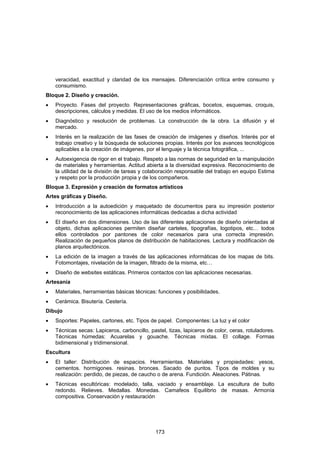 veracidad, exactitud y claridad de los mensajes. Diferenciación crítica entre consumo y
    consumismo.
Bloque 2. Diseño y creación.
•   Proyecto. Fases del proyecto. Representaciones gráficas, bocetos, esquemas, croquis,
    descripciones, cálculos y medidas. El uso de los medios informáticos.
•   Diagnóstico y resolución de problemas. La construcción de la obra. La difusión y el
    mercado.
•   Interés en la realización de las fases de creación de imágenes y diseños. Interés por el
    trabajo creativo y la búsqueda de soluciones propias. Interés por los avances tecnológicos
    aplicables a la creación de imágenes, por el lenguaje y la técnica fotográfica, ...
•   Autoexigencia de rigor en el trabajo. Respeto a las normas de seguridad en la manipulación
    de materiales y herramientas. Actitud abierta a la diversidad expresiva. Reconocimiento de
    la utilidad de la división de tareas y colaboración responsable del trabajo en equipo Estima
    y respeto por la producción propia y de los compañeros.
Bloque 3. Expresión y creación de formatos artísticos
Artes gráficas y Diseño.
•   Introducción a la autoedición y maquetado de documentos para su impresión posterior
    reconocimiento de las aplicaciones informáticas dedicadas a dicha actividad
•   El diseño en dos dimensiones. Uso de las diferentes aplicaciones de diseño orientadas al
    objeto, dichas aplicaciones permiten diseñar carteles, tipografías, logotipos, etc… todos
    ellos controlados por pantones de color necesarios para una correcta impresión.
    Realización de pequeños planos de distribución de habitaciones. Lectura y modificación de
    planos arquitectónicos.
•   La edición de la imagen a través de las aplicaciones informáticas de los mapas de bits.
    Fotomontajes, nivelación de la imagen, filtrado de la misma, etc…
•   Diseño de websites estáticas. Primeros contactos con las aplicaciones necesarias.
Artesanía
•   Materiales, herramientas básicas técnicas: funciones y posibilidades.
•   Cerámica. Bisutería. Cestería.
Dibujo
•   Soportes: Papeles, cartones, etc. Tipos de papel. Componentes: La luz y el color
•   Técnicas secas: Lapiceros, carboncillo, pastel, tizas, lapiceros de color, ceras, rotuladores.
    Técnicas húmedas: Acuarelas y gouache. Técnicas mixtas. El collage. Formas
    bidimensional y tridimensional.
Escultura
•   El taller: Distribución de espacios. Herramientas. Materiales y propiedades: yesos,
    cementos. hormigones. resinas. bronces. Sacado de puntos. Tipos de moldes y su
    realización: perdido, de piezas, de caucho o de arena. Fundición. Aleaciones. Pátinas.
•   Técnicas escultóricas: modelado, talla, vaciado y ensamblaje. La escultura de bulto
    redondo. Relieves. Medallas. Monedas. Camafeos Equilibrio de masas. Armonía
    compositiva. Conservación y restauración




                                              173
 