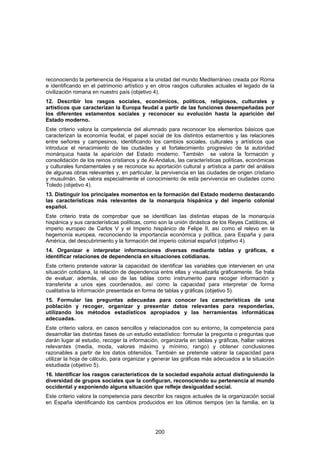 reconociendo la pertenencia de Hispania a la unidad del mundo Mediterráneo creada por Roma
e identificando en el patrimonio artístico y en otros rasgos culturales actuales el legado de la
civilización romana en nuestro país (objetivo 4).
12. Describir los rasgos sociales, económicos, políticos, religiosos, culturales y
artísticos que caracterizan la Europa feudal a partir de las funciones desempeñadas por
los diferentes estamentos sociales y reconocer su evolución hasta la aparición del
Estado moderno.
Este criterio valora la competencia del alumnado para reconocer los elementos básicos que
caracterizan la economía feudal, el papel social de los distintos estamentos y las relaciones
entre señores y campesinos, identificando los cambios sociales, culturales y artísticos que
introduce el renacimiento de las ciudades y el fortalecimiento progresivo de la autoridad
monárquica hasta la aparición del Estado moderno. También se valora la formación y
consolidación de los reinos cristianos y de Al-Andalus, las características políticas, económicas
y culturales fundamentales y se reconoce su aportación cultural y artística a partir del análisis
de algunas obras relevantes y, en particular, la pervivencia en las ciudades de origen cristiano
y musulmán. Se valora especialmente el conocimiento de esta pervivencia en ciudades como
Toledo (objetivo 4).
13. Distinguir los principales momentos en la formación del Estado moderno destacando
las características más relevantes de la monarquía hispánica y del imperio colonial
español.
Este criterio trata de comprobar que se identifican las distintas etapas de la monarquía
hispánica y sus características políticas, como son la unión dinástica de los Reyes Católicos, el
imperio europeo de Carlos V y el Imperio hispánico de Felipe II, así como el relevo en la
hegemonía europea, reconociendo la importancia económica y política, para España y para
América, del descubrimiento y la formación del imperio colonial español (objetivo 4).
14. Organizar e interpretar informaciones diversas mediante tablas y gráficas, e
identificar relaciones de dependencia en situaciones cotidianas.
Este criterio pretende valorar la capacidad de identificar las variables que intervienen en una
situación cotidiana, la relación de dependencia entre ellas y visualizarla gráficamente. Se trata
de evaluar, además, el uso de las tablas como instrumento para recoger información y
transferirla a unos ejes coordenados, así como la capacidad para interpretar de forma
cualitativa la información presentada en forma de tablas y gráficas (objetivo 5).
15. Formular las preguntas adecuadas para conocer las características de una
población y recoger, organizar y presentar datos relevantes para responderlas,
utilizando los métodos estadísticos apropiados y las herramientas informáticas
adecuadas.
Este criterio valora, en casos sencillos y relacionados con su entorno, la competencia para
desarrollar las distintas fases de un estudio estadístico: formular la pregunta o preguntas que
darán lugar al estudio, recoger la información, organizarla en tablas y gráficas, hallar valores
relevantes (media, moda, valores máximo y mínimo, rango) y obtener conclusiones
razonables a partir de los datos obtenidos. También se pretende valorar la capacidad para
utilizar la hoja de cálculo, para organizar y generar las gráficas más adecuados a la situación
estudiada (objetivo 5).
16. Identificar los rasgos característicos de la sociedad española actual distinguiendo la
diversidad de grupos sociales que la configuran, reconociendo su pertenencia al mundo
occidental y exponiendo alguna situación que refleje desigualdad social.
Este criterio valora la competencia para describir los rasgos actuales de la organización social
en España identificando los cambios producidos en los últimos tiempos (en la familia, en la




                                              200
 