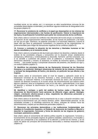 movilidad social, en los valores, etc.), si reconocen en ellos características comunes de las
sociedades desarrolladas occidentales y se identifican algunas evidencias de desigualdad entre
los grupos (objetivo 6).
17. Reconocer la existencia de conflictos y el papel que desempeñan en los mismos las
organizaciones internacionales y las fuerzas de pacificación. Valorar la importancia de
las leyes y la participación humanitaria para paliar las consecuencias de los conflictos.
Este criterio valora si conocen los conflictos más relevantes del mundo actual y su localización,
la actuación de las organizaciones internacionales, de las fuerzas de pacificación y las leyes
por las que se rigen. Asimismo, se pretende comprobar si el alumnado reflexiona y asume el
papel vital que tiene la participación humanitaria y la presencia de las organizaciones no
gubernamentales para mitigar las derivaciones negativas de los conflictos (objetivo 6).
18. Conocer y contrastar la situación de los derechos y libertades humanas en las
épocas estudiadas y en el momento actual.
Este criterio valora la competencia del alumnado para deducir los derechos y deberes desde el
análisis de las sociedades antiguas y compararlos con la situación actual, estableciendo
semejanzas y diferencias y contextualizando su desarrollo Asimismo permite comprobar, que
si es sensible a cuestiones del pasado como el politeísmo y monoteísmo religioso, la
democracia ateniense y romana, la esclavitud, el modelo de economía agraria y comercial
romana…., que pueden ayudar a comprender situaciones del presente y las aborda con rigor y
con actitud solidaria (objetivo 7).
19. Identificar los principios básicos de las Declaración Universal de los Derechos
Humanos y su evolución, distinguir situaciones de violación de los mismos y reconocer
y rechazar las desigualdades de hecho y de derecho, en particular las que afectan a las
mujeres.
Este criterio valora el conocimiento sobre el nivel de respeto y aplicación social de la
Declaración Universal de los Derechos Humanos y otras convenciones y declaraciones
universales, su evolución histórica, si el alumnado reconoce los actos y las situaciones de
violación de derechos humanos en el mundo actual, las discriminaciones que todavía sufren
algunos colectivos, tanto en la legislación como en la vida real y, particularmente, si es capaz
de describir y rechazar la discriminación de hecho y de derecho que sufren las mujeres
(objetivo 7).
20. Identificar y rechazar, a partir del análisis de hechos reales o figurados, las
situaciones de discriminación hacia personas de diferente origen, género, ideología,
religión, orientación afectivo-sexual y otras, respetando las diferencias personales y
mostrando autonomía de criterio.
Este criterio valora si el alumnado, ante la presentación de un caso o situación simulada o real,
reconoce la discriminación que, por motivos diversos, sufren determinadas personas en las
sociedades actuales y si manifiesta autonomía de criterio, actitudes de rechazo hacia las
discriminaciones y respeto por las diferencias personales (objetivo 7).
21. Reconocer los principios democráticos y las instituciones fundamentales que
establece la Constitución española y el Estatuto de Autonomía de Castilla-La Mancha y
describir la organización, funciones y forma de elección de los órganos de gobierno
municipal, autonómico y estatal.
Este criterio valora el conocimiento del sistema político español, la organización, funciones y
funcionamiento de los principales órganos de gobierno estatales, autonómicos y municipales y
el papel que corresponde a los ciudadanos en la elección y control de los mismos, y se es
capaz de aplicar los principios del funcionamiento democrático a distintas situaciones reales
(objetivo 8)




                                              201
 