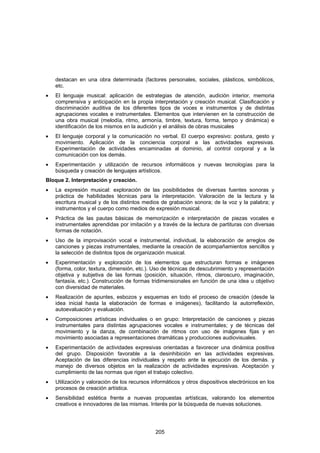 destacan en una obra determinada (factores personales, sociales, plásticos, simbólicos,
    etc.
•   El lenguaje musical: aplicación de estrategias de atención, audición interior, memoria
    comprensiva y anticipación en la propia interpretación y creación musical. Clasificación y
    discriminación auditiva de los diferentes tipos de voces e instrumentos y de distintas
    agrupaciones vocales e instrumentales. Elementos que intervienen en la construcción de
    una obra musical (melodía, ritmo, armonía, timbre, textura, forma, tempo y dinámica) e
    identificación de los mismos en la audición y el análisis de obras musicales
•   El lenguaje corporal y la comunicación no verbal. El cuerpo expresivo: postura, gesto y
    movimiento. Aplicación de la conciencia corporal a las actividades expresivas.
    Experimentación de actividades encaminadas al dominio, al control corporal y a la
    comunicación con los demás.
•   Experimentación y utilización de recursos informáticos y nuevas tecnologías para la
    búsqueda y creación de lenguajes artísticos.
Bloque 2. Interpretación y creación.
•   La expresión musical: exploración de las posibilidades de diversas fuentes sonoras y
    práctica de habilidades técnicas para la interpretación. Valoración de la lectura y la
    escritura musical y de los distintos medios de grabación sonora; de la voz y la palabra; y
    instrumentos y el cuerpo como medios de expresión musical.
•   Práctica de las pautas básicas de memorización e interpretación de piezas vocales e
    instrumentales aprendidas por imitación y a través de la lectura de partituras con diversas
    formas de notación.
•   Uso de la improvisación vocal e instrumental, individual, la elaboración de arreglos de
    canciones y piezas instrumentales, mediante la creación de acompañamientos sencillos y
    la selección de distintos tipos de organización musical.
•   Experimentación y exploración de los elementos que estructuran formas e imágenes
    (forma, color, textura, dimensión, etc.). Uso de técnicas de descubrimiento y representación
    objetiva y subjetiva de las formas (posición, situación, ritmos, claroscuro, imaginación,
    fantasía, etc.). Construcción de formas tridimensionales en función de una idea u objetivo
    con diversidad de materiales.
•   Realización de apuntes, esbozos y esquemas en todo el proceso de creación (desde la
    idea inicial hasta la elaboración de formas e imágenes), facilitando la autorreflexión,
    autoevaluación y evaluación.
•   Composiciones artísticas individuales o en grupo: Interpretación de canciones y piezas
    instrumentales para distintas agrupaciones vocales e instrumentales; y de técnicas del
    movimiento y la danza, de combinación de ritmos con uso de imágenes fijas y en
    movimiento asociadas a representaciones dramáticas y producciones audiovisuales.
•   Experimentación de actividades expresivas orientadas a favorecer una dinámica positiva
    del grupo. Disposición favorable a la desinhibición en las actividades expresivas.
    Aceptación de las diferencias individuales y respeto ante la ejecución de los demás. y
    manejo de diversos objetos en la realización de actividades expresivas. Aceptación y
    cumplimiento de las normas que rigen el trabajo colectivo.
•   Utilización y valoración de los recursos informáticos y otros dispositivos electrónicos en los
    procesos de creación artística.
•   Sensibilidad estética frente a nuevas propuestas artísticas, valorando los elementos
    creativos e innovadores de las mismas. Interés por la búsqueda de nuevas soluciones.




                                              205
 