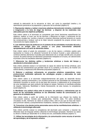 valorará la adecuación de la secuencia al ritmo, así como la capacidad creativa y la
desinhibición personal en la preparación y ejecución de la actividad (objetivo 4).
5. Representar objetos y realizar creaciones plásticas demostrando iniciativa, creatividad
e imaginación a la hora de elegir las técnicas y disponer de los materiales más
adecuados para los objetivos prefijados.
Este criterio valora si el alumnado es competente para tomar decisiones especificando los
objetivos, realizar un buen uso de las técnicas y diferenciar el origen y variaciones de los
elementos visuales (luz, sombra y textura) y proponer diferentes opciones teniendo en cuenta
las consecuencias y evaluar cual es la mejor solución aceptando los propios errores como
instrumento de mejora (objetivo 4).
6. Leer distintos tipos de partituras en el contexto de las actividades musicales del aula y
elaborar un arreglo para una canción o una pieza instrumental utilizando
apropiadamente una serie de elementos dados.
Este criterio valora el grado de compresión y uso de los signos y símbolos usados para
representar la música y la utilización funcional de la lectura musical; y para seleccionar y
combinar distintos elementos musicales para elaboración de un arreglo sencillo para una pieza
musical. Se partirá siempre de elementos previamente trabajados en el aula y se valorará tanto
el proceso como los resultados obtenidos (objetivo 4).
7. Diferenciar los distintos estilos y tendencias artísticas a través del tiempo y
atendiendo la diversidad cultural.
Este criterio pretende evaluar si el alumnado es capaz de valorar las formas artísticas, para
relacionar las características que permiten situar en su contexto a una obra y de mostrar una
actitud abierta y respetuosa ante diferentes propuestas (objetivo 5)
8. Elaborar y participar, activamente, en proyectos artísticos cooperativos, como
producciones multimedia aplicando las estrategias propias y adecuadas de cada
lenguaje visual.
Este criterio valora si el alumnado independientemente del grado de desarrollo técnico
alcanzado, participa activamente y con iniciativa personal en las actividades de interpretación,
intentando concertar su acción con la del resto del conjunto y colaborando en la consecución
de unos resultados que sean producto del trabajo en equipo. Asimismo si manifiesta actitudes
de respeto, tolerancia, flexibilidad e interés favoreciendo, de esta manera, la competencia
social (objetivo 6).
9. Manifestar una actitud crítica ante el consumo, las prácticas y valoraciones que se
hacen de las actividades artísticas en los diferentes medios de comunicación y en
general en el contexto social.
Este criterio valora, a partir del análisis de la información que ofrecen los medios de
comunicación (prensa, revistas para adolescentes, Internet, radio, TV) sobre temáticas
vinculadas al arte. Asimismo se valora la actitud crítica, ante el uso que se hace del mismo
para promover valores y comportamientos insolidarios, sexistas y discriminatorias (objetivo 7).
10. Comunicar a los demás juicios personales acerca de las manifestaciones artísticas e
utilizando la terminología adecuada.
Este criterio permite evaluar la competencia del alumnado para comparar y enjuiciar las
diferentes tipos de lenguaje artístico utilizando la terminología apropiada. Asimismo se valora
su afición e interés por desarrollar en su tiempo de ocio, actividades artísticas (objetivo 7).
11. Utilizar las tecnologías de la información y la comunicación como recurso al servicio
del aprendizaje y de la expresión artística.




                                              207
 