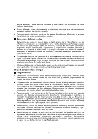 lengua extranjera, sobre asuntos familiares y relacionados con contenidos de otras
    materias del currículo.
•   Actitud reflexiva y crítica con respecto a la información disponible ante los mensajes que
    supongan cualquier tipo de discriminación.
•   Reconocimiento e iniciación en el uso de algunas fórmulas que diferencian el lenguaje
    formal e informal en las comunicaciones escritas.
    Composición de textos escritos
•   Composición de textos, en soporte papel o digital, propios de la vida cotidiana y de las
    relaciones sociales como la participación en foros y cartas de solicitud; de textos propios de
    los medios de comunicación como las crónicas; y textos de clase como resúmenes,
    esquemas, mapas conceptuales, exposiciones y explicaciones sencillas, glosarios y
    informes sobre tareas y aprendizajes. En lengua extranjera, con ayuda de modelos,
    atendiendo a elementos básicos de cohesión y utilizando estrategias elementales de
    composición escrita.
•   Comunicación personal con hablantes de la lengua extranjera a través de correspondencia
    postal o utilizando medios informáticos. Interés por la composición escrita como fuente de
    información y aprendizaje, como forma de comunicar las experiencias y los conocimientos
    propios, y como forma de regular la conducta.
•   Interés por la buena presentación de los textos escritos tanto en soporte papel como digital,
    con respeto a las normas gramaticales, ortográficas y tipográficas.
Bloque 3. Conocimiento de la lengua.
    Lengua castellana
•   Observación y reconocimiento de las diferencias relevantes, contextuales y formales, entre
    comunicación oral y escrita y entre los usos coloquiales y formales, especialmente los
    propios del ámbito escolar.
•   Comprensión de una terminología sintáctica básica: oración; sujeto y predicado; predicado
    nominal y predicado verbal; sujeto, verbo y complementos; agente, causa y paciente.
    Conocimiento de las modalidades de la oración y de los modos del verbo como formas de
    expresar las intenciones de los hablantes. Reconocimiento de algunos significados
    contextuales que pueden adquirir las modalidades de la oración.
•   Reconocimiento y uso coherente de las formas verbales en los textos, con especial
    atención a los distintos valores del presente de indicativo y a los tiempos de pretérito en la
    narración. Reconocimiento del funcionamiento sintáctico de verbos de uso frecuente a
    partir de su significado, identificando el sujeto y los complementos del verbo, distinguiendo
    entre argumentales y no argumentales, transformando oraciones para observar diferentes
    papeles semánticos del sujeto (agente, causa, paciente).
•   Identificación y uso de las formas de deixis personal, temporal y espacial (pronombres
    personales, posesivos, terminaciones verbales, demostrativos, adverbios de tiempo y lugar)
    en textos orales y escritos como cartas y normas.
•   Identificación y uso reflexivo de algunos conectores textuales, con especial atención a los
    temporales, explicativos, de orden y de contraste y de algunos mecanismos de referencia
    interna, tanto gramaticales (pronombres personales, posesivos, demostrativos
    sustituciones pronominales) como léxicos (repeticiones, sinónimos y elipsis) especialmente
    la elipsis y el uso de hiperónimos de significado concreto




                                              211
 