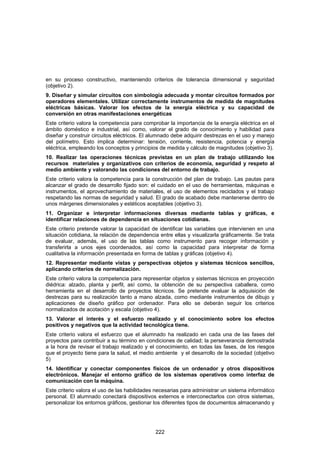 en su proceso constructivo, manteniendo criterios de tolerancia dimensional y seguridad
(objetivo 2).
9. Diseñar y simular circuitos con simbología adecuada y montar circuitos formados por
operadores elementales. Utilizar correctamente instrumentos de medida de magnitudes
eléctricas básicas. Valorar los efectos de la energía eléctrica y su capacidad de
conversión en otras manifestaciones energéticas
Este criterio valora la competencia para comprobar la importancia de la energía eléctrica en el
ámbito doméstico e industrial, así como, valorar el grado de conocimiento y habilidad para
diseñar y construir circuitos eléctricos. El alumnado debe adquirir destrezas en el uso y manejo
del polímetro. Esto implica determinar: tensión, corriente, resistencia, potencia y energía
eléctrica, empleando los conceptos y principios de medida y cálculo de magnitudes (objetivo 3).
10. Realizar las operaciones técnicas previstas en un plan de trabajo utilizando los
recursos materiales y organizativos con criterios de economía, seguridad y respeto al
medio ambiente y valorando las condiciones del entorno de trabajo.
Este criterio valora la competencia para la construcción del plan de trabajo. Las pautas para
alcanzar el grado de desarrollo fijado son: el cuidado en el uso de herramientas, máquinas e
instrumentos, el aprovechamiento de materiales, el uso de elementos reciclados y el trabajo
respetando las normas de seguridad y salud. El grado de acabado debe mantenerse dentro de
unos márgenes dimensionales y estéticos aceptables (objetivo 3).
11. Organizar e interpretar informaciones diversas mediante tablas y gráficas, e
identificar relaciones de dependencia en situaciones cotidianas.
Este criterio pretende valorar la capacidad de identificar las variables que intervienen en una
situación cotidiana, la relación de dependencia entre ellas y visualizarla gráficamente. Se trata
de evaluar, además, el uso de las tablas como instrumento para recoger información y
transferirla a unos ejes coordenados, así como la capacidad para interpretar de forma
cualitativa la información presentada en forma de tablas y gráficas (objetivo 4).
12. Representar mediante vistas y perspectivas objetos y sistemas técnicos sencillos,
aplicando criterios de normalización.
Este criterio valora la competencia para representar objetos y sistemas técnicos en proyección
diédrica: alzado, planta y perfil, así como, la obtención de su perspectiva caballera, como
herramienta en el desarrollo de proyectos técnicos. Se pretende evaluar la adquisición de
destrezas para su realización tanto a mano alzada, como mediante instrumentos de dibujo y
aplicaciones de diseño gráfico por ordenador. Para ello se deberán seguir los criterios
normalizados de acotación y escala (objetivo 4).
13. Valorar el interés y el esfuerzo realizado y el conocimiento sobre los efectos
positivos y negativos que la actividad tecnológica tiene.
Este criterio valora el esfuerzo que el alumnado ha realizado en cada una de las fases del
proyectos para contribuir a su término en condiciones de calidad; la perseverancia demostrada
a la hora de revisar el trabajo realizado y el conocimiento, en todas las fases, de los riesgos
que el proyecto tiene para la salud, el medio ambiente y el desarrollo de la sociedad (objetivo
5)
14. Identificar y conectar componentes físicos de un ordenador y otros dispositivos
electrónicos. Manejar el entorno gráfico de los sistemas operativos como interfaz de
comunicación con la máquina.
Este criterio valora el uso de las habilidades necesarias para administrar un sistema informático
personal. El alumnado conectará dispositivos externos e interconectarlos con otros sistemas,
personalizar los entornos gráficos, gestionar los diferentes tipos de documentos almacenando y




                                              222
 