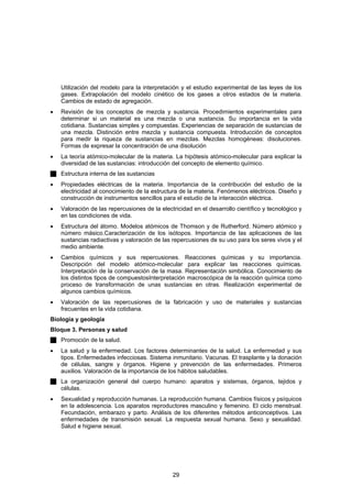 Utilización del modelo para la interpretación y el estudio experimental de las leyes de los
    gases. Extrapolación del modelo cinético de los gases a otros estados de la materia.
    Cambios de estado de agregación.
•   Revisión de los conceptos de mezcla y sustancia. Procedimientos experimentales para
    determinar si un material es una mezcla o una sustancia. Su importancia en la vida
    cotidiana. Sustancias simples y compuestas. Experiencias de separación de sustancias de
    una mezcla. Distinción entre mezcla y sustancia compuesta. Introducción de conceptos
    para medir la riqueza de sustancias en mezclas. Mezclas homogéneas: disoluciones.
    Formas de expresar la concentración de una disolución
•   La teoría atómico-molecular de la materia. La hipótesis atómico-molecular para explicar la
    diversidad de las sustancias: introducción del concepto de elemento químico.
    Estructura interna de las sustancias
•   Propiedades eléctricas de la materia. Importancia de la contribución del estudio de la
    electricidad al conocimiento de la estructura de la materia. Fenómenos eléctricos. Diseño y
    construcción de instrumentos sencillos para el estudio de la interacción eléctrica.
•   Valoración de las repercusiones de la electricidad en el desarrollo científico y tecnológico y
    en las condiciones de vida.
•   Estructura del átomo. Modelos atómicos de Thomson y de Rutherford. Número atómico y
    número másico.Caracterización de los isótopos. Importancia de las aplicaciones de las
    sustancias radiactivas y valoración de las repercusiones de su uso para los seres vivos y el
    medio ambiente.
•   Cambios químicos y sus repercusiones. Reacciones químicas y su importancia.
    Descripción del modelo atómico-molecular para explicar las reacciones químicas.
    Interpretación de la conservación de la masa. Representación simbólica. Conocimiento de
    los distintos tipos de compuestosInterpretación macroscópica de la reacción química como
    proceso de transformación de unas sustancias en otras. Realización experimental de
    algunos cambios químicos.
•   Valoración de las repercusiones de la fabricación y uso de materiales y sustancias
    frecuentes en la vida cotidiana.
Biología y geología
Bloque 3. Personas y salud
    Promoción de la salud.
•   La salud y la enfermedad. Los factores determinantes de la salud. La enfermedad y sus
    tipos. Enfermedades infecciosas. Sistema inmunitario. Vacunas. El trasplante y la donación
    de células, sangre y órganos. Higiene y prevención de las enfermedades. Primeros
    auxilios. Valoración de la importancia de los hábitos saludables.
    La organización general del cuerpo humano: aparatos y sistemas, órganos, tejidos y
    células.
•   Sexualidad y reproducción humanas. La reproducción humana. Cambios físicos y psíquicos
    en la adolescencia. Los aparatos reproductores masculino y femenino. El ciclo menstrual.
    Fecundación, embarazo y parto. Análisis de los diferentes métodos anticonceptivos. Las
    enfermedades de transmisión sexual. La respuesta sexual humana. Sexo y sexualidad.
    Salud e higiene sexual.




                                               29
 