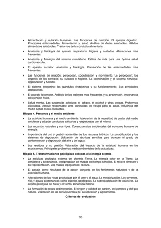 •   Alimentación y nutrición humanas. Las funciones de nutrición. El aparato digestivo.
    Principales enfermedades. Alimentación y salud. Análisis de dietas saludables. Hábitos
    alimenticios saludables. Trastornos de la conducta alimentaria.
•   Anatomía y fisiología del aparato respiratorio. Higiene y cuidados. Alteraciones más
    frecuentes.
•   Anatomía y fisiología del sistema circulatorio. Estilos de vida para una óptima salud
    cardiovascular.
•   El aparato excretor: anatomía y fisiología. Prevención de las enfermedades más
    frecuentes.
•   Las funciones de relación: percepción, coordinación y movimiento. La percepción; los
    órganos de los sentidos; su cuidado e higiene. La coordinación y el sistema nervioso:
    organización y función.
•   El sistema endocrino: las glándulas endocrinas y su funcionamiento. Sus principales
    alteraciones.
•   El aparato locomotor. Análisis de las lesiones más frecuentes y su prevención. Importancia
    del ejercicio físico.
•   Salud mental. Las sustancias adictivas: el tabaco, el alcohol y otras drogas. Problemas
    asociados. Actitud responsable ante conductas de riesgo para la salud. Influencia del
    medio social en las conductas.
Bloque 4. Personas y el medio ambiente
•   La actividad humana y el medio ambiente. Valoración de la necesidad de cuidar del medio
    ambiente y adoptar conductas solidarias y respetuosas con el mismo.
•   Los recursos naturales y sus tipos. Consecuencias ambientales del consumo humano de
    energía.
•   Importancia del uso y gestión sostenible de los recursos hídricos. La potabilización y los
    sistemas de depuración. Utilización de técnicas sencillas para conocer el grado de
    contaminación y depuración del aire y del agua.
•   Los residuos y su gestión. Valoración del impacto de la actividad humana en los
    ecosistemas. Principales problemas medioambientales de la actualidad.
Bloque 5. Transformaciones geológicas debidas a la energía externa
•   La actividad geológica externa del planeta Tierra. La energía solar en la Tierra. La
    atmósfera y su dinámica. Interpretación de mapas del tiempo sencillos. El relieve terrestre y
    su representación. Los mapas topográficos: lectura.
•   El paisaje como resultado de la acción conjunta de los fenómenos naturales y de la
    actividad humana.
•   Alteraciones de las rocas producidas por el aire y el agua. La meteorización. Los torrentes,
    ríos y aguas subterráneas como agentes geológicos. La sobreexplotación de acuíferos. La
    acción geológica del hielo y el viento. Dinámica marina.
•   La formación de rocas sedimentarias. El origen y utilidad del carbón, del petróleo y del gas
    natural. Valoración de las consecuencias de su utilización y agotamiento.
                                   Criterios de evaluación




                                               30
 