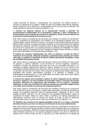 modelo elemental de reacción y representarlas con ecuaciones. Se valorará también si
conocen su importancia en la mejora y calidad de vida y las posibles repercusiones negativas,
siendo conscientes de la relevancia y responsabilidad de la química para la protección del
medioambiente y la salud de las personas (objetivos 1 y 4).
7. Conocer los aspectos básicos de la reproducción humana y describir los
acontecimientos fundamentales de la fecundación, embarazo y parto. Comprender el
funcionamiento de los métodos de control de la natalidad y valorar el uso de métodos de
prevención de enfermedades de transmisión sexual.
Este criterio valora la competencia del alumnado para distinguir el proceso de reproducción
como un mecanismo de perpetuación de la especie, de la sexualidad entendida como una
actividad ligada a toda la vida del ser humano y un medio de comunicación afectiva y personal.
Deben conocer, además, los rasgos generales anatómicos y de funcionamiento de los aparatos
reproductores masculino y femenino y explicar a partir de ellos las bases de algunos métodos
de control de la reproducción o de ciertas soluciones a problemas de infertilidad. Por último,
deben saber explicar la necesidad de tomar medidas de higiene sexual individual y colectiva
para evitar enfermedades de transmisión sexual (objetivos 1 y 4).
8. Explicar los procesos fundamentales que sufre un alimento a lo largo de todo el
transcurso de la nutrición, utilizando esquemas y representaciones gráficas para ilustrar
cada etapa, y justificar la necesidad de adquirir hábitos alimentarios saludables y evitar
las conductas alimentarias insanas
Este criterio valora la competencia del alumnado para conocer las funciones de cada uno de
los aparatos y órganos implicados en las funciones de nutrición (digestivo, respiratorio,
circulatorio, excretor), las relaciones entre ellos, así como sus principales alteraciones, y la
necesidad de adoptar determinados hábitos de higiene. Asimismo, se ha de valorar si han
desarrollado actitudes solidarias ante situaciones como la donación de sangre o de órganos y
si relacionan las funciones de nutrición con la adopción de determinados hábitos alimentarios
saludables para prevenir enfermedades asociadas a la obesidad, la diabetes o las
enfermedades cardiovasculares, y si han desarrollado una actitud crítica ante ciertos hábitos
consumistas poco saludables (objetivos 1 y 4).
9. Conocer los órganos de los sentidos y explicar la misión integradora de los sistemas
nervioso y endocrino, así como localizar los principales huesos y músculos del aparato
locomotor. Relacionar las alteraciones más frecuentes con los órganos y procesos
implicados en cada caso. Identificar los factores sociales que repercuten negativamente
en la salud, como el estrés y el consumo de sustancias adictivas.
Este criterio valora la competencia del alumnado para establecer relaciones de coordinación
entre el sistema nervioso y el endocrino, y aplicar este conocimiento a problemas sencillos que
puedan ser analizados utilizando bucles de retroalimentación, diagramas de flujo u otros
modelos similares. Asimismo, han de caracterizar las principales enfermedades, valorar la
importancia de adoptar hábitos de salud mental, e identificar los efectos perjudiciales de
determinadas conductas como el consumo de drogas, el estrés, la falta de relaciones
interpersonales sanas, la presión de los medios de comunicación, etc (objetivos 1 y 4).
10. Identificar las acciones de los agentes geológicos externos en el origen y modelado
del relieve terrestre, así como en el proceso de formación de las rocas sedimentarias.
Este criterio valora la competencia del alumnado para reconocer e interpretar en el campo o en
imágenes la acción de los agentes geológicos externos más importantes desde una concepción
dinámica de la naturaleza. Asimismo si el alumnado explica los distintos tipos de modelado del
relieve terrestre producido por los agentes geológicos externos, así como la influencia de
factores como el clima, el tipo de roca, su estructura, etc. Debe identificar en el paisaje las




                                              32
 