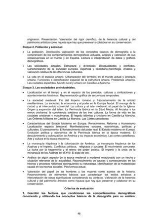 originaron. Presentación. Valoración del rigor científico, de la herencia cultural y del
    patrimonio artístico como riqueza que hay que preservar y colaborar en su conservación.
Bloque 2. Población y sociedad.
•   La población. Distribución. Aplicación de los conceptos básicos de demografía a la
    comprensión de los comportamientos demográficos actuales, análisis y valoración de sus
    consecuencias en el mundo y en España. Lectura e interpretación de datos y gráficos
    demográficos.
•   Las sociedades actuales. Estructura y diversidad. Desigualdades y conflictos.
    Caracterización de la sociedad europea, española y castellano-manchega. Análisis y
    valoración relativa de las diferencias culturales.
•   La vida en el espacio urbano. Urbanización del territorio en el mundo actual y jerarquía
    urbana. Funciones e identificación espacial de la estructura urbana. Problemas urbanos.
    Las ciudades españolas. Mundo rural y urbano en Castilla-La Mancha.
Bloque 3. Las sociedades preindustriales.
•   Localización en el tiempo y en el espacio de los periodos, culturas y civilizaciones y
    acontecimientos históricos. Representación gráfica de secuencias temporales.
•   La sociedad medieval. Fin del Imperio romano y fraccionamiento de la unidad
    mediterránea. La sociedad, la economía y el poder en la Europa feudal. El resurgir de la
    ciudad y el intercambio comercial. La cultura y el arte medieval, el papel de la Iglesia.
    Origen y expansión del Islam. La Península Ibérica en la Edad Media. Al Andalus y los
    reinos cristianos: la convivencia toledana de las tres culturas. La forma de vida en las
    ciudades cristianas y musulmanas. El legado islámico y cristiano en Castilla-La Mancha.
    Las Órdenes Militares en Castilla-La Mancha. Las Cortes castellanas
•   Características del Estado Moderno en Europa. Renacimiento, Reforma y Humanismo
    Localización espacio temporal. Manifestaciones sociales, económicas, políticas y
    culturales. El pensamiento. El fortalecimiento del poder real. El Estado moderno en Europa.
    Evolución política y económica de la Península Ibérica en la época moderna. El
    descubrimiento y colonización de América y su impacto económico. Las cortes castellanas.
    Arte y cultura en la época moderna.
•   La monarquía hispánica y la colonización de América. La monarquía hispánica de los
    Austrias y el Imperio. Conflictos políticos, religiosos y sociales: El movimiento comunero.
    La lucha por la hegemonía y el relevo del poder político. El imperio y la crisis de la
    monarquía de los Austrias en el XVII. El siglo de oro.
•   Análisis de algún aspecto de la época medieval o moderna relacionado con un hecho o
    situación relevante de la actualidad. Reconocimiento de causas y consecuencias en los
    hechos y procesos históricos distinguiendo su naturaleza. Identificación de la multiplicidad
    causal en los hechos sociales. Pervivencia actual.
•   Valoración del papel de los hombres y las mujeres como sujetos de la historia.
    Reconocimiento de elementos básicos que caracterizan los estilos artísticos e
    interpretación de obras significativas considerando su contexto. Valoración de la herencia
    cultural y del patrimonio artístico como riqueza que hay que preservar y colaborar en su
    conservación.
                                   Criterios de evaluación
1. Describir los factores que condicionan los comportamientos demográficos
conociendo y utilizando los conceptos básicos de la demografía para su análisis,




                                              46
 