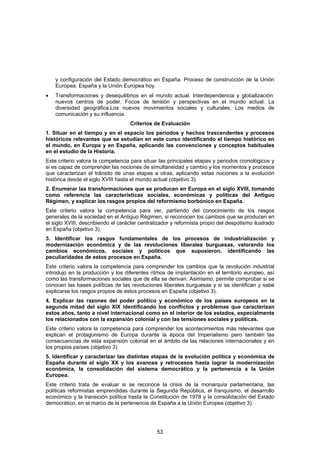 y configuración del Estado democrático en España. Proceso de construcción de la Unión
    Europea. España y la Unión Europea hoy.
•   Transformaciones y desequilibrios en el mundo actual. Interdependencia y globalización:
    nuevos centros de poder. Focos de tensión y perspectivas en el mundo actual. La
    diversidad geográfica.Los nuevos movimientos sociales y culturales. Los medios de
    comunicación y su influencia.
                                    Criterios de Evaluación
1. Situar en el tiempo y en el espacio los periodos y hechos trascendentes y procesos
históricos relevantes que se estudian en este curso identificando el tiempo histórico en
el mundo, en Europa y en España, aplicando las convenciones y conceptos habituales
en el estudio de la Historia.
Este criterio valora la competencia para situar las principales etapas y periodos cronológicos y
si es capaz de comprender las nociones de simultaneidad y cambio y los momentos y procesos
que caracterizan el tránsito de unas etapas a otras, aplicando estas nociones a la evolución
histórica desde el siglo XVIII hasta el mundo actual (objetivo 3).
2. Enumerar las transformaciones que se producen en Europa en el siglo XVIII, tomando
como referencia las características sociales, económicas y políticas del Antiguo
Régimen, y explicar los rasgos propios del reformismo borbónico en España.
Este criterio valora la competencia para ver, partiendo del conocimiento de los rasgos
generales de la sociedad en el Antiguo Régimen, si reconocen los cambios que se producen en
el siglo XVIII, describiendo el carácter centralizador y reformista propio del despotismo ilustrado
en España (objetivo 3).
3. Identificar los rasgos fundamentales de los procesos de industrialización y
modernización económica y de las revoluciones liberales burguesas, valorando los
cambios económicos, sociales y políticos que supusieron, identificando las
peculiaridades de estos procesos en España.
Este criterio valora la competencia para comprender los cambios que la revolución industrial
introdujo en la producción y los diferentes ritmos de implantación en el territorio europeo, así
como las transformaciones sociales que de ella se derivan. Asimismo, permite comprobar si se
conocen las bases políticas de las revoluciones liberales burguesas y si se identifican y sabe
explicarse los rasgos propios de estos procesos en España (objetivo 3).
4. Explicar las razones del poder político y económico de los países europeos en la
segunda mitad del siglo XIX identificando los conflictos y problemas que caracterizan
estos años, tanto a nivel internacional como en el interior de los estados, especialmente
los relacionados con la expansión colonial y con las tensiones sociales y políticas.
Este criterio valora la competencia para comprender los acontecimientos más relevantes que
explican el protagonismo de Europa durante la época del Imperialismo pero también las
consecuencias de esta expansión colonial en el ámbito de las relaciones internacionales y en
los propios países (objetivo 3).
5. Identificar y caracterizar las distintas etapas de la evolución política y económica de
España durante el siglo XX y los avances y retrocesos hasta lograr la modernización
económica, la consolidación del sistema democrático y la pertenencia a la Unión
Europea.
Este criterio trata de evaluar si se reconoce la crisis de la monarquía parlamentaria, las
políticas reformistas emprendidas durante la Segunda República, el franquismo, el desarrollo
económico y la transición política hasta la Constitución de 1978 y la consolidación del Estado
democrático, en el marco de la pertenencia de España a la Unión Europea (objetivo 3).




                                                53
 