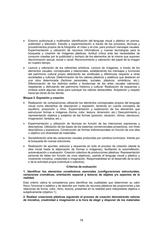 •   Entorno audiovisual y multimedia: identificación del lenguaje visual y plástico en prensa,
    publicidad y televisión. Estudio y experimentación a través de los procesos, técnicas y
    procedimientos propios de la fotografía, el vídeo y el cine, para producir mensajes visuales.
    Experimentación y utilización de recursos informáticos y nuevas tecnologías para la
    búsqueda y creación de imágenes plásticas. Actitud crítica ante las necesidades de
    consumo creadas por la publicidad y rechazo de los elementos de la misma que suponen
    discriminación sexual, social o racial. Reconocimiento y valoración del papel de la imagen
    en nuestro tiempo.
•   Lectura y valoración de los referentes artísticos. Lectura de imágenes, a través de los
    elementos visuales, conceptuales y relacionales, estableciendo los mensajes y funciones
    del patrimonio cultural propio detectando las similitudes y diferencias respecto a otras
    sociedades y culturas. Determinación de los valores plásticos y estéticos que destacan en
    una obra determinada (factores personales, sociales, plásticos, simbólicos, etc.).
    Diferenciación de los distintos estilos y tendencias de las artes visuales valorando,
    respetando y disfrutando del patrimonio histórico y cultural. Realización de esquemas y
    síntesis sobre algunas obras para subrayar los valores destacables. Aceptación y respeto
    hacia las obras de los demás.
Bloque 2. Expresión y creación
•   Realización de composiciones utilizando los elementos conceptuales propios del lenguaje
    visual como elementos de descripción y expresión, teniendo en cuenta conceptos de
    equilibrio, proporción y ritmo. Experimentación y exploración de los elementos que
    estructuran formas e imágenes (forma, color, textura, dimensión, etc.) Descubrimiento y
    representación objetiva y subjetiva de las formas (posición, situación, ritmos, claroscuro,
    imaginación, fantasía, etc.).
•   Experimentación y utilización de técnicas en función de las intenciones expresivas y
    descriptivas. Utilización de las bases de los sistemas convencionales proyectivos, con fines
    descriptivos y expresivos. Construcción de formas tridimensionales en función de una idea
    u objetivo con diversidad de materiales.
•   Sensibilización ante las variaciones visuales producidas por cambios luminosos. Interés por
    la búsqueda de nuevas soluciones.
•   Realización de apuntes, esbozos y esquemas en todo el proceso de creación (desde la
    idea inicial hasta la elaboración de formas e imágenes), facilitando la autorreflexión,
    autoevaluación y evaluación. Creación colectiva de producciones plásticas. Representación
    personal de ideas (en función de unos objetivos), usando el lenguaje visual y plástico y
    mostrando iniciativa, creatividad e imaginación. Responsabilidad en el desarrollo de la obra
    o de la actividad propia (individual o colectiva).
                                    Criterios de evaluación
1. Identificar los elementos constitutivos esenciales (configuraciones estructurales,
variaciones cromáticas, orientación espacial y textura) de objetos y/o aspectos de la
realidad.
Este criterio valora la competencia para identificar las cualidades que determinan su valor
físico, funcional o estético y de describir por medio de recursos plásticos las proporciones y las
relaciones de forma, color, ritmo, textura, presentes en la realidad para interpretarla objetiva o
subjetivamente (objetivo 1).
2. Realizar creaciones plásticas siguiendo el proceso de creación demostrando valores
de iniciativa, creatividad e imaginación a la hora de elegir y disponer de los materiales




                                               78
 