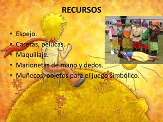 RECURSOS
•
•
•
•
•

Espejo.
Caretas, pelucas.
Maquillaje.
Marionetas de mano y dedos.
Muñecos, objetos para el juego simbólico.

 