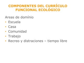 COMPONENTES DEL CURRÍCULO FUNCIONAL ECOLÓGICO Areas de domínio Escuela Casa Comunidad Trabajo  Recreo y distraciones – tiempo libre 
