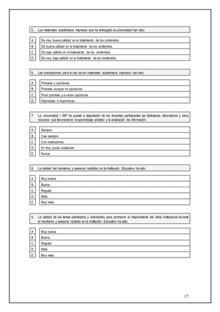 17 
5. Los materiales académicos impresos que ha entregado la universidad han sido: 
A De muy buena calidad en el tratamiento de los contenidos. 
B De buena calidad en el tratamiento de los contenidos. 
C De baja calidad en el tratamiento de los contenidos. 
D De muy baja calidad en el tratamiento de los contenidos. 
6. Las orientaciones para el uso de los materiales académicos impresos han sido: 
A Precisas y oportunas 
B Precisas aunque no oportunas 
C Poco precisas y a veces oportunas 
D Imprecisas e inoportunas 
7. La universidad / ISP ha puesto a disposición de los docentes participantes las bibliotecas, laboratorios y otros 
recursos que favorecieron el aprendizaje práctico y la ampliación de información. 
A Siempre 
B Casi siempre 
C Con restricciones 
D En muy pocas ocasiones 
E Nunca 
8. La calidad del monitoreo y asesoría recibidos en la Institución Educativa ha sido: 
A Muy buena 
B Buena 
C Regular 
D Mala 
E Muy mala 
9. La calidad de los temas planteados y actividades para promover el mejoramiento del clima institucional durante 
el monitoreo y asesoría recibida en la Institución Educativa ha sido: 
A Muy buena 
B Buena 
C Regular 
D Mala 
E Muy mala 
 