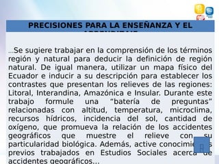 PRECISIONES PARA LA ENSEÑANZA Y EL
APRENDIZAJE
…Se sugiere trabajar en la comprensión de los términos
región y natural para deducir la definición de región
natural. De igual manera, utilizar un mapa físico del
Ecuador e inducir a su descripción para establecer los
contrastes que presentan los relieves de las regiones:
Litoral, Interandina, Amazónica e Insular. Durante este
trabajo formule una “batería de preguntas”
relacionadas con altitud, temperatura, microclima,
recursos hídricos, incidencia del sol, cantidad de
oxígeno, que promueva la relación de los accidentes
geográficos que muestre el relieve con su
particularidad biológica. Además, active conocimientos
previos trabajados en Estudios Sociales acerca de
accidentes geográficos…
 